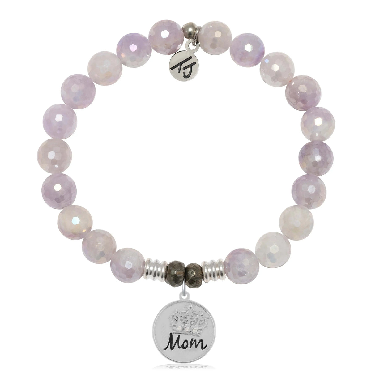 Mauve Jade Gemstone Bracelet with Mom Crown Sterling Silver Charm