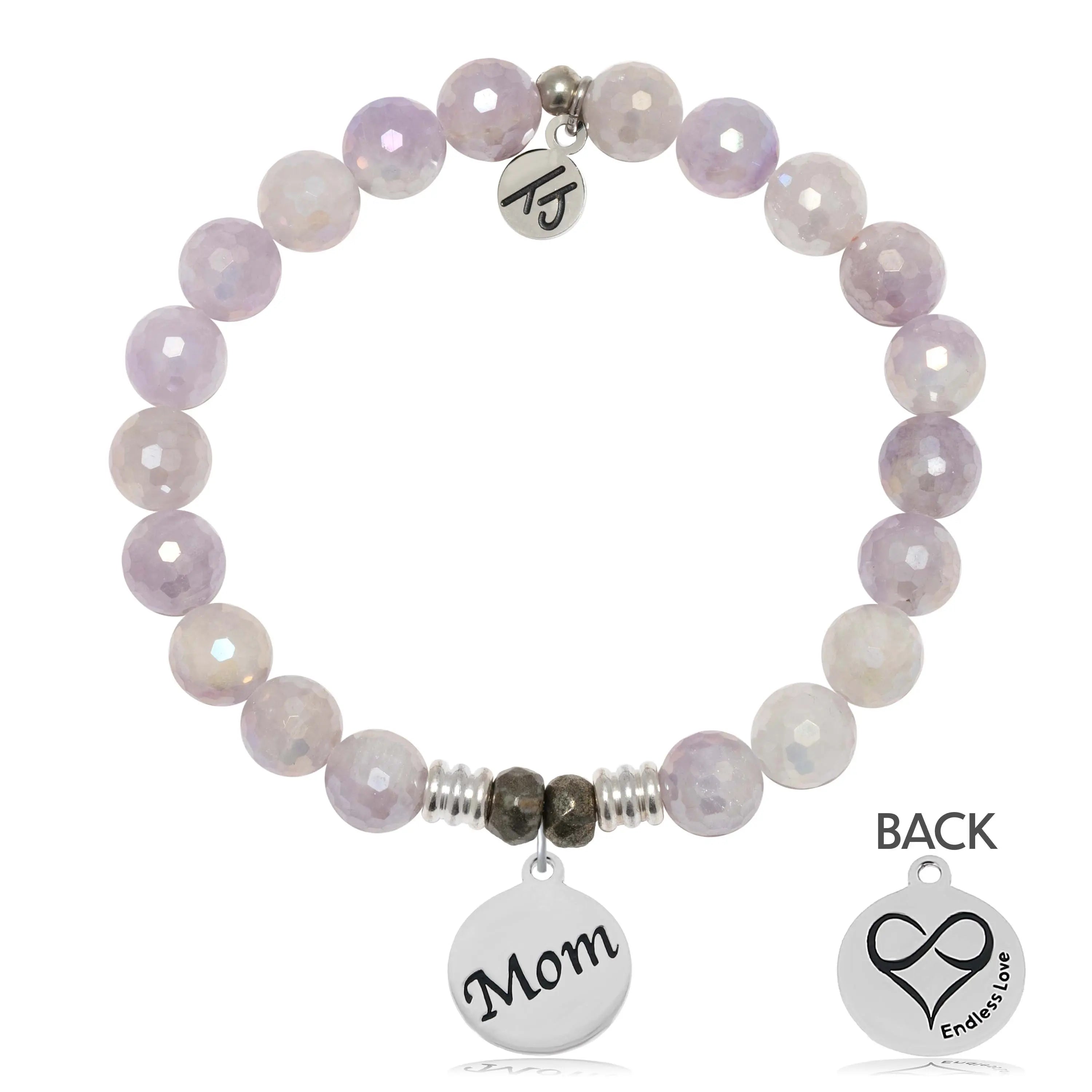 Mauve Jade Gemstone Bracelet with Mom Sterling Silver Charm