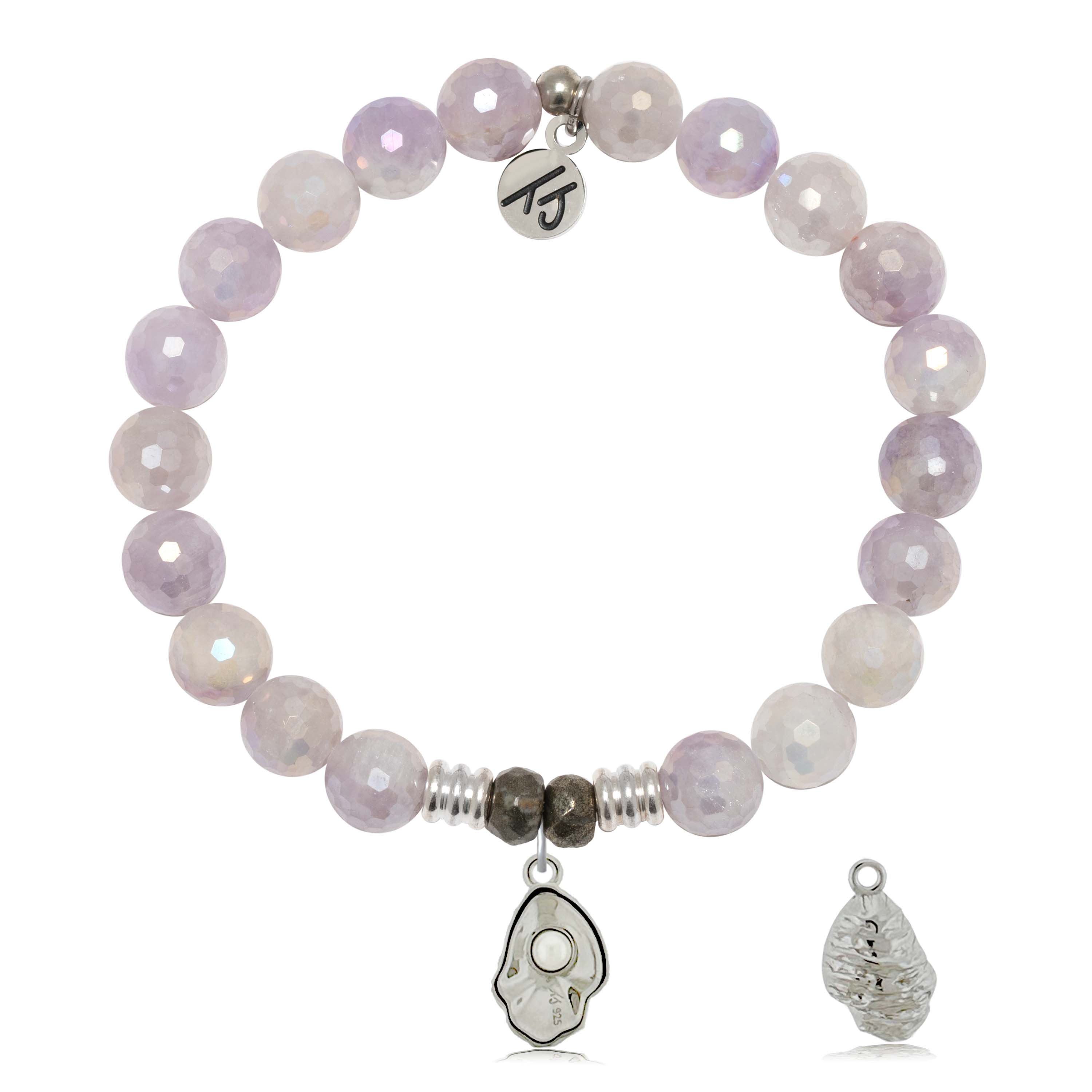 Mauve Jade Gemstone Bracelet with Oyster Sterling Silver Charm