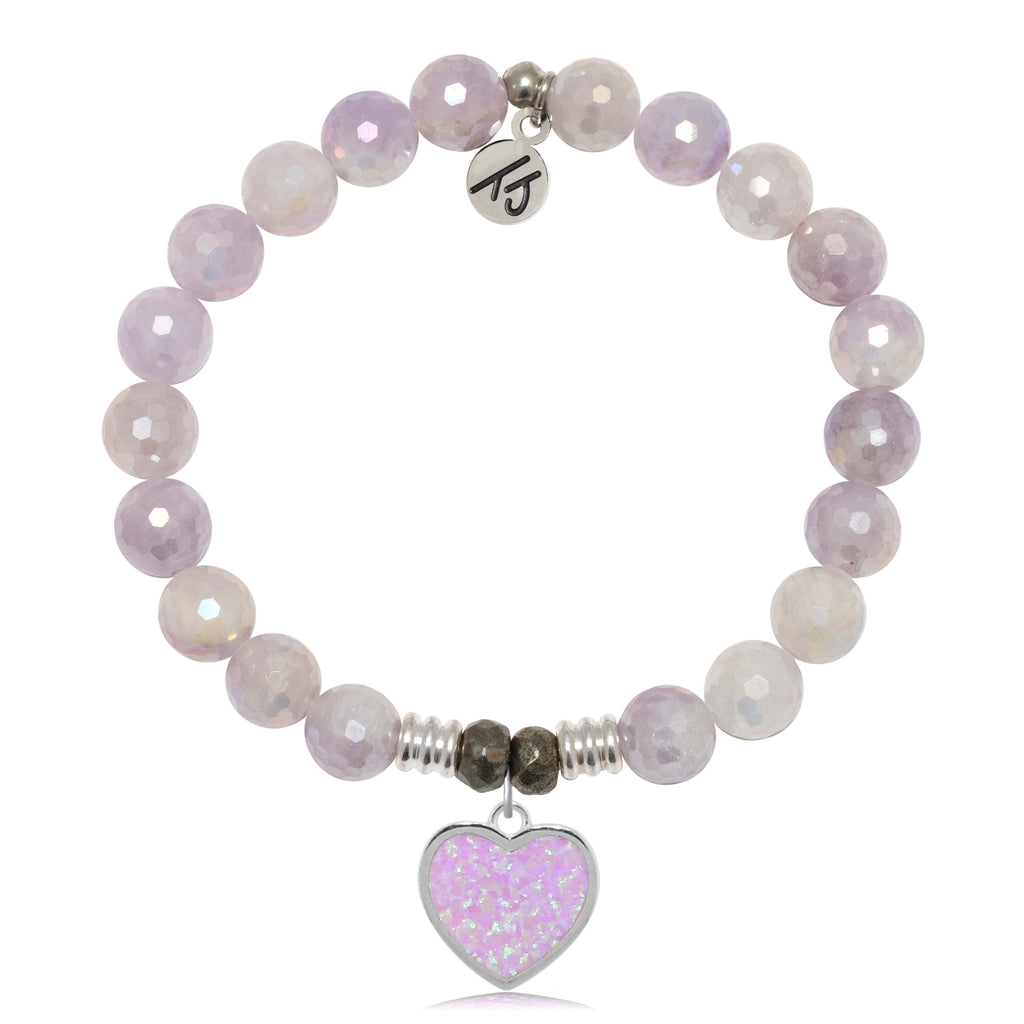 Mauve Jade Gemstone Bracelet with Pink Opal Heart Sterling Silver Charm