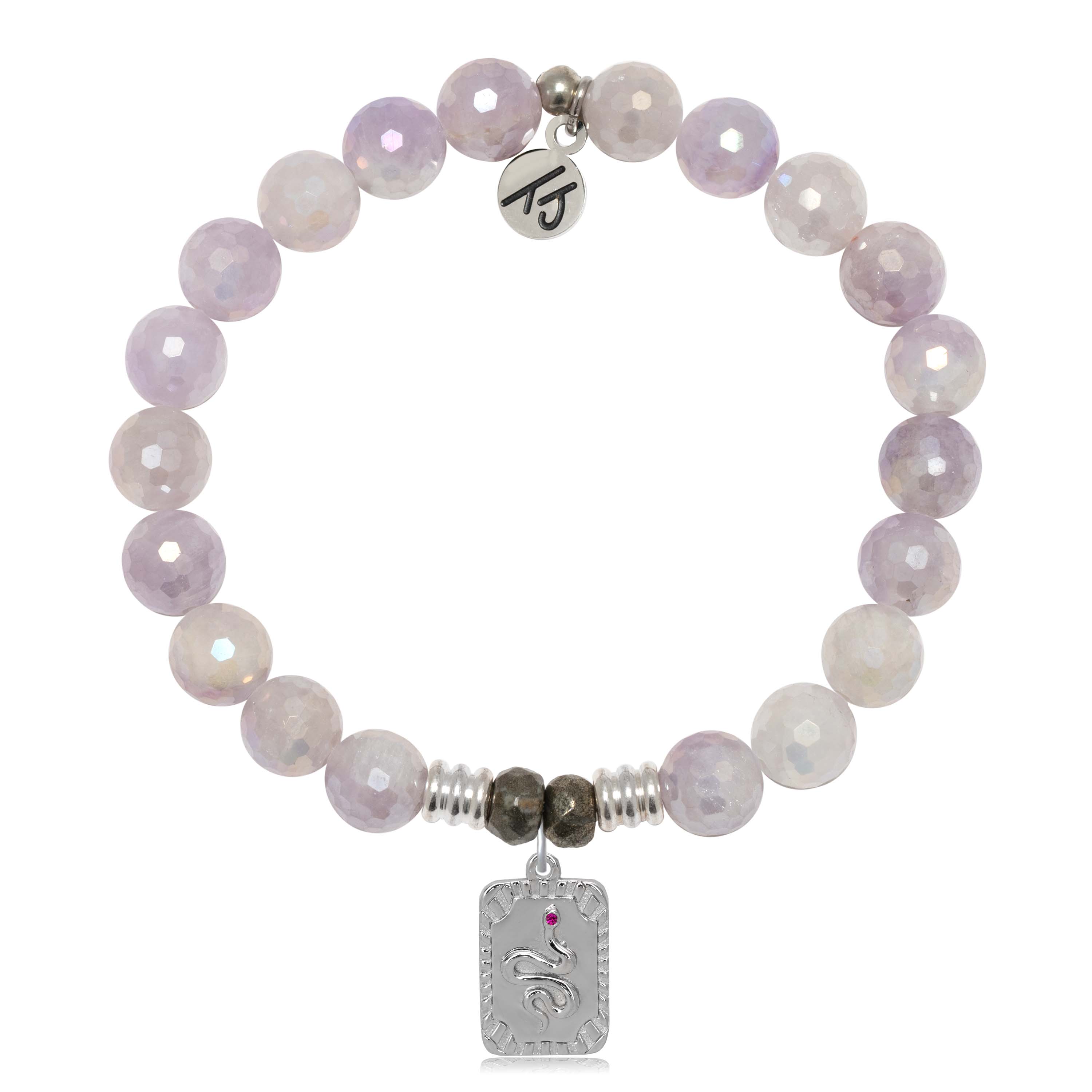 Mauve Jade Gemstone Bracelet with Snake Sterling Silver Charm