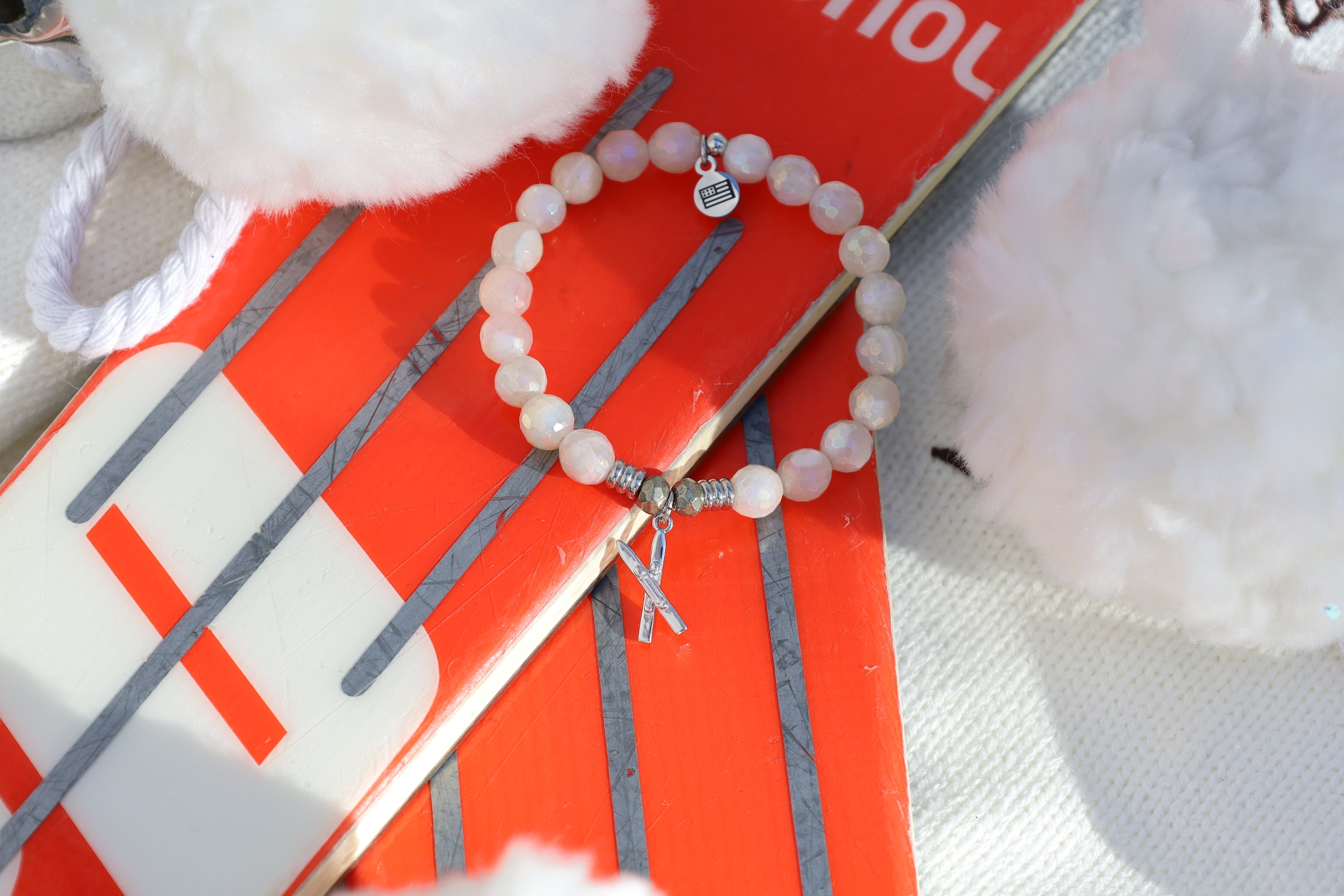 Moonstone Gemstone Bracelet with Skis Sterling Silver Charm