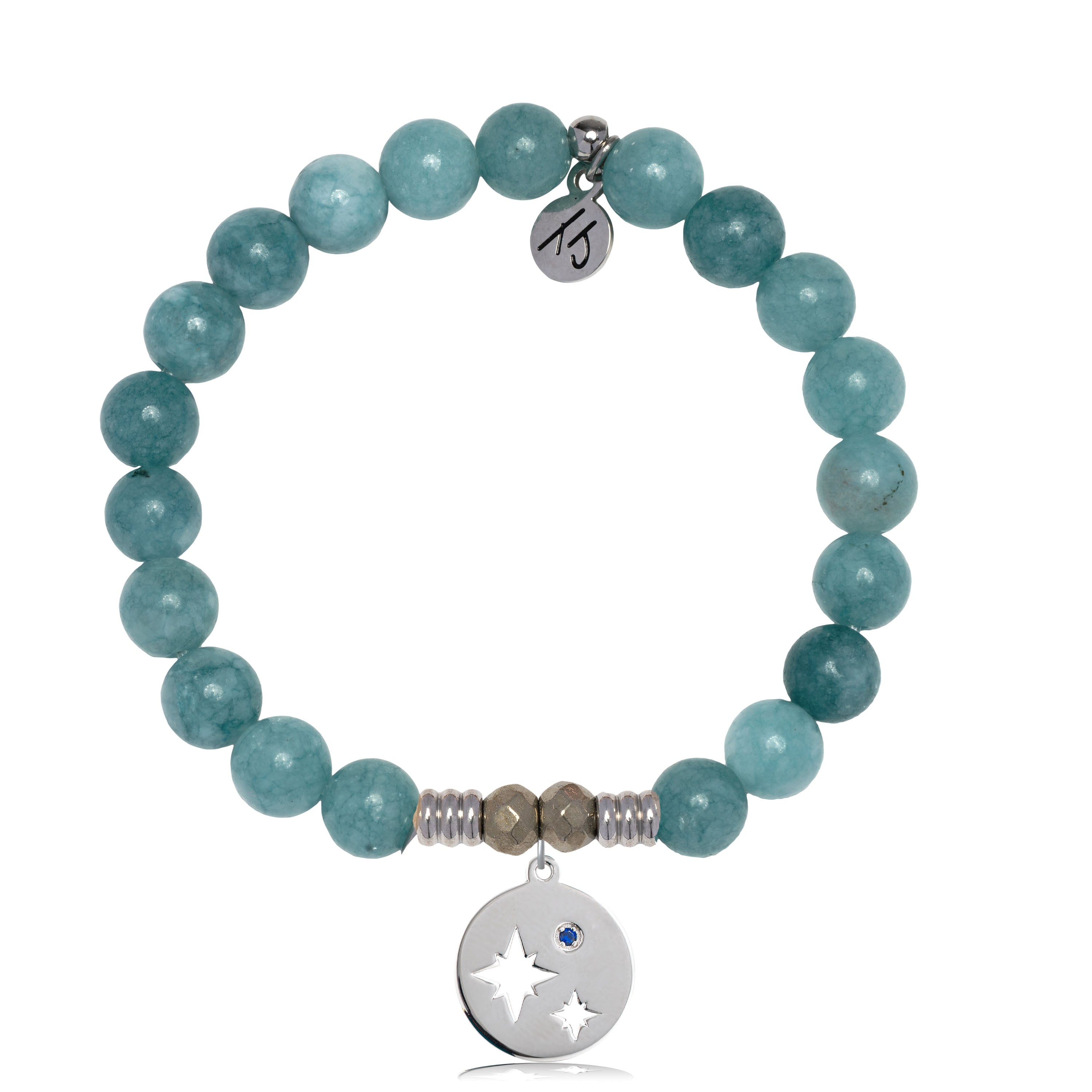 Mountain Blue Jade Gemstone Bracelet with Mother Son Sterling Silver Charm