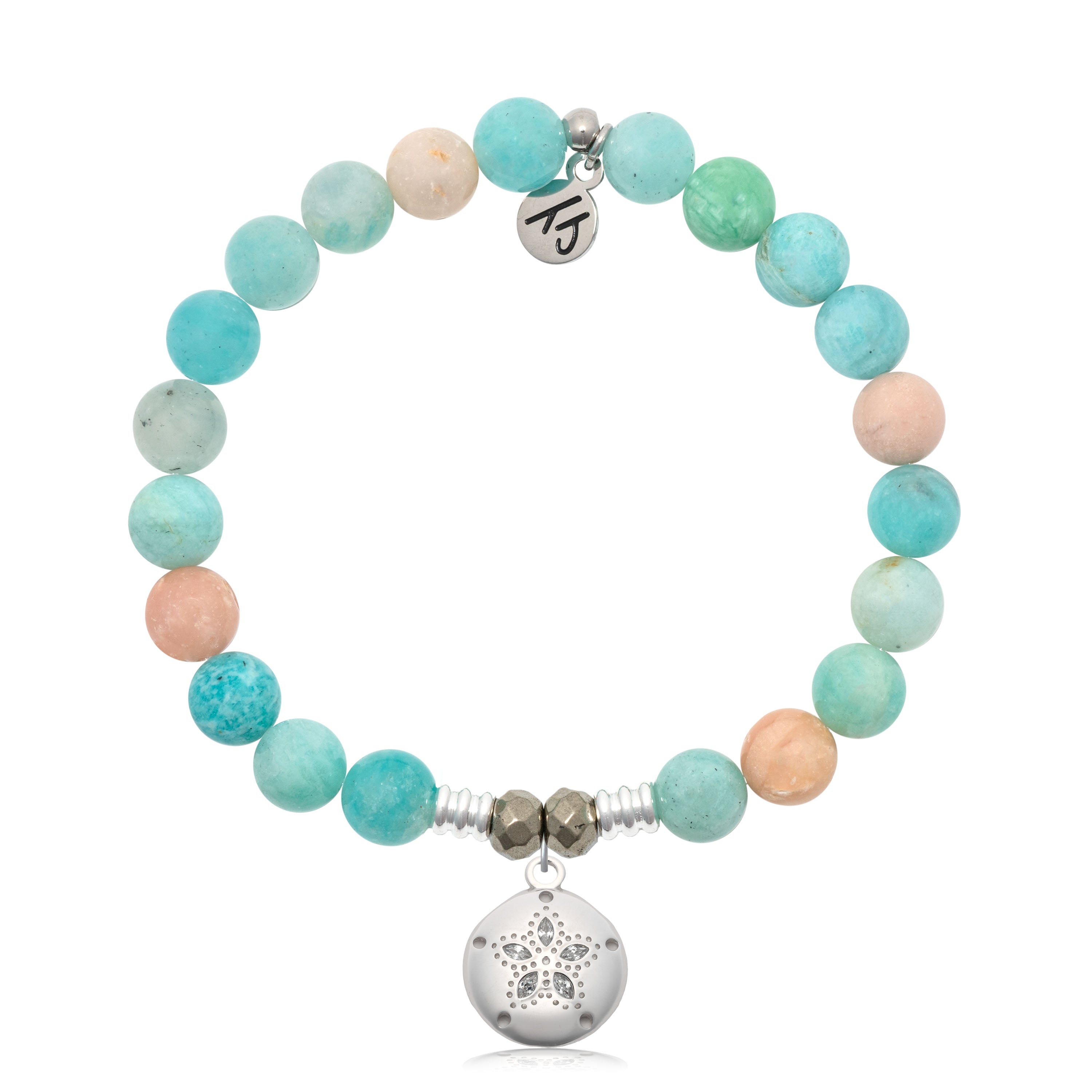 Multi Amazonite Gemstone Bracelet with Sand Dollar CZ Sterling Silver Charm
