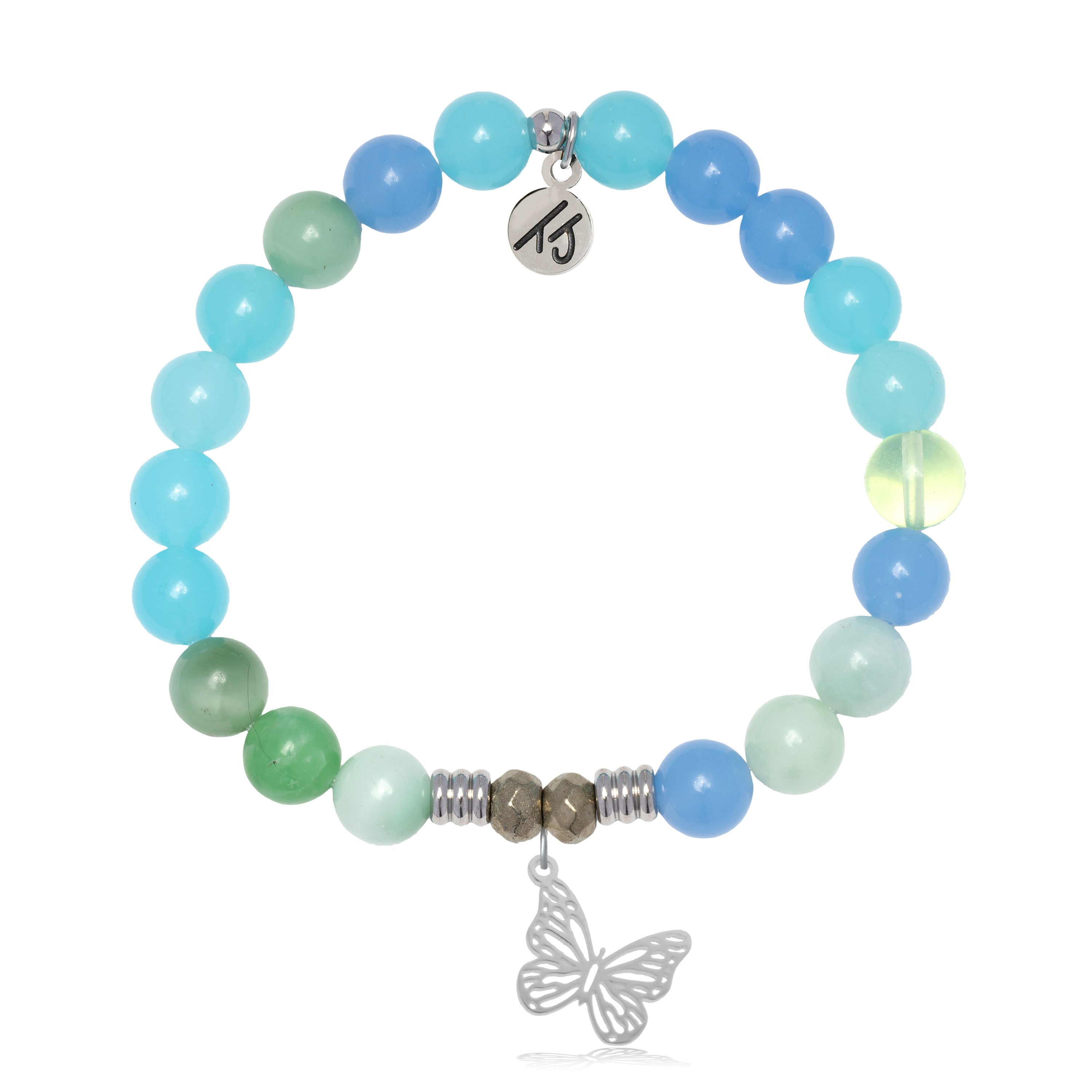 Multi Blue Jade Gemstone Bracelet with Butterfly Cutout Sterling Silver Charm