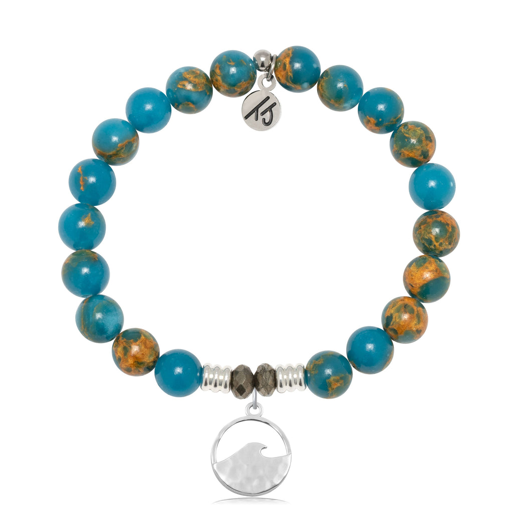 Ocean Jasper Gemstone Bracelet with Hammered Waves Sterling Silver Charm
