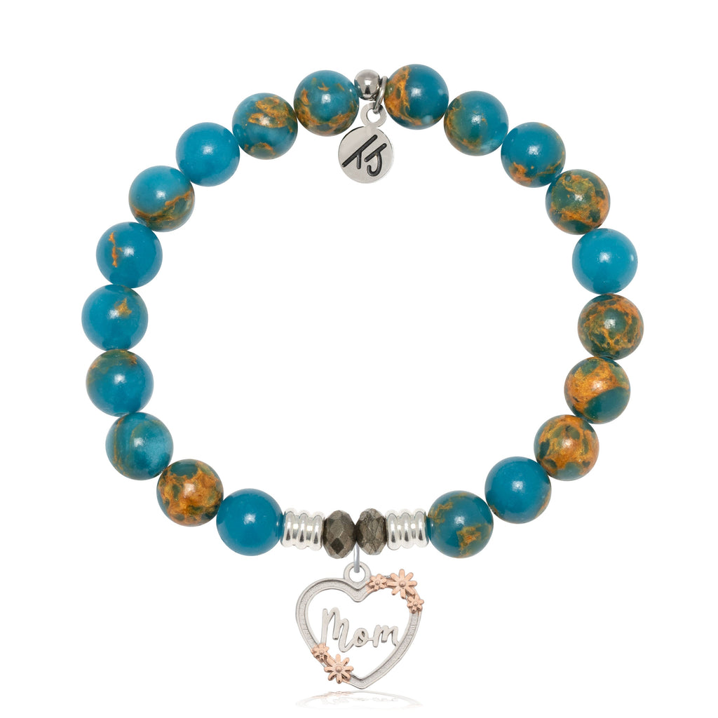 Ocean Jasper Gemstone Bracelet with Heart Mom Sterling Silver Charm