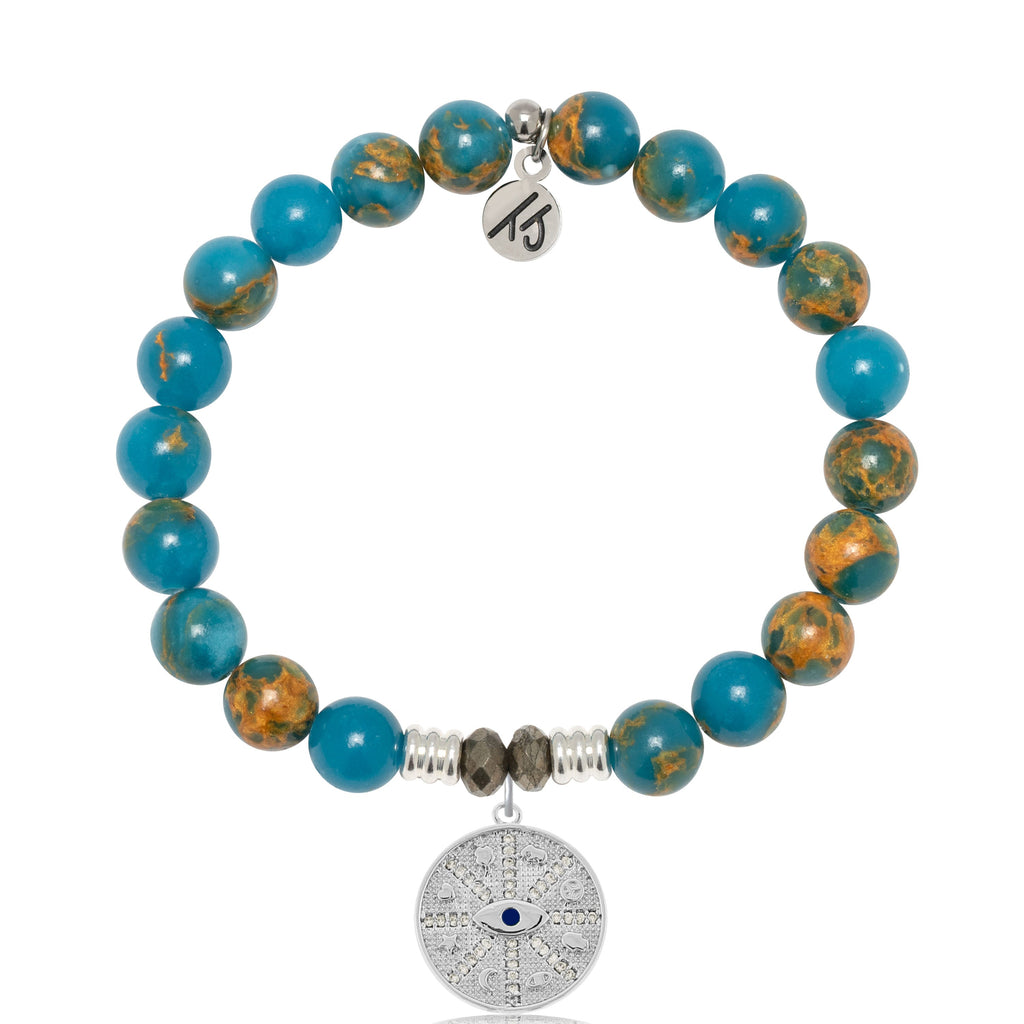 Ocean Jasper Gemstone Bracelet with Protection Sterling Silver Charm