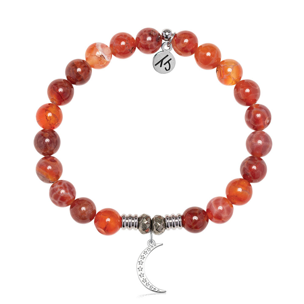 Orange Fire Agate Gemstone Bracelet with Friendship Moon Sterling Silver Charm