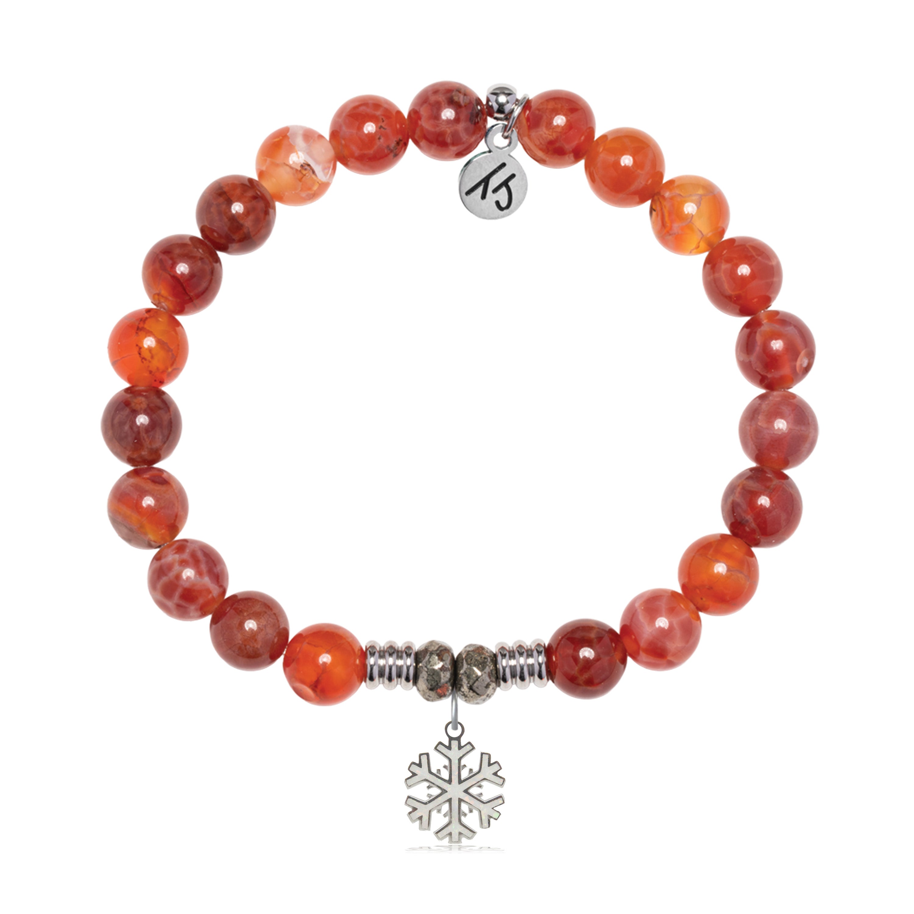 Orange Fire Agate Gemstone Bracelet with Snowflake Opal Sterling Silver Charm