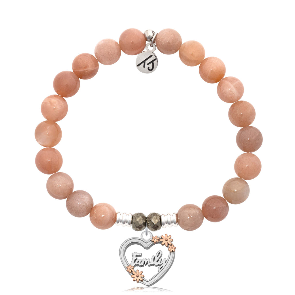 Peach Moonstone Gemstone Bracelet with Heart Family Sterling Silver Charm