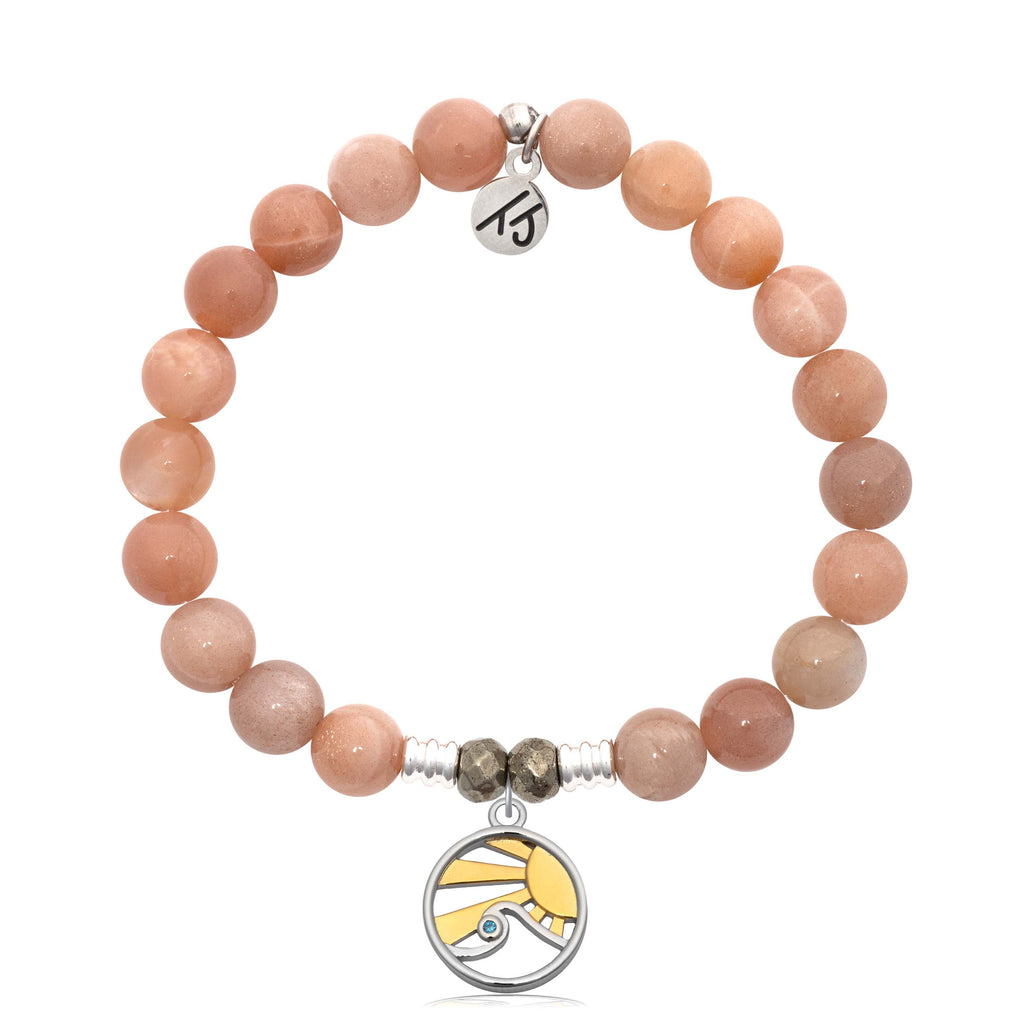 Peach Moonstone Gemstone Bracelet with Rising Sun Sterling Silver Charm