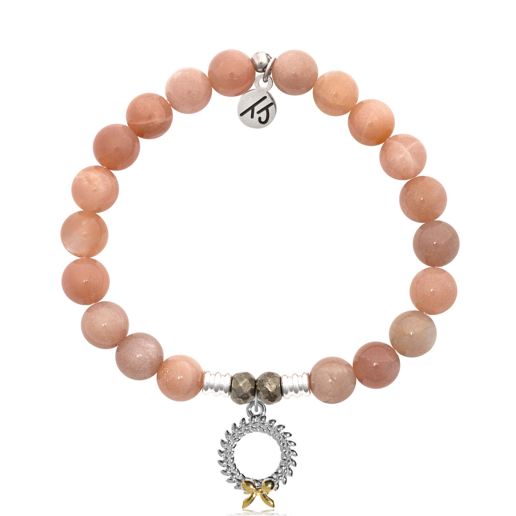 Peach Moonstone Gemstone Bracelet with Wreath Sterling Silver Charm