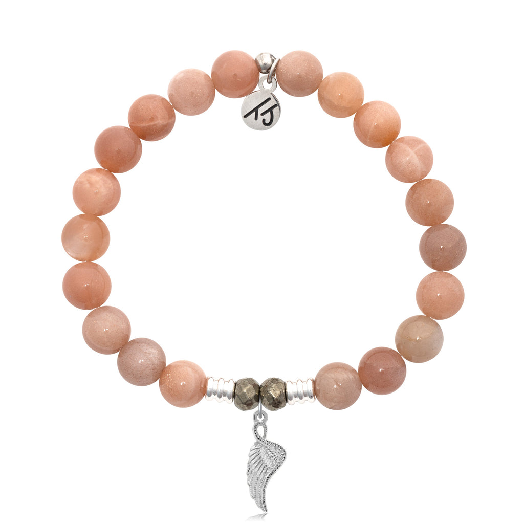 Peach Moonstone Stone Bracelet with Angel Blessings Sterling Silver Charm