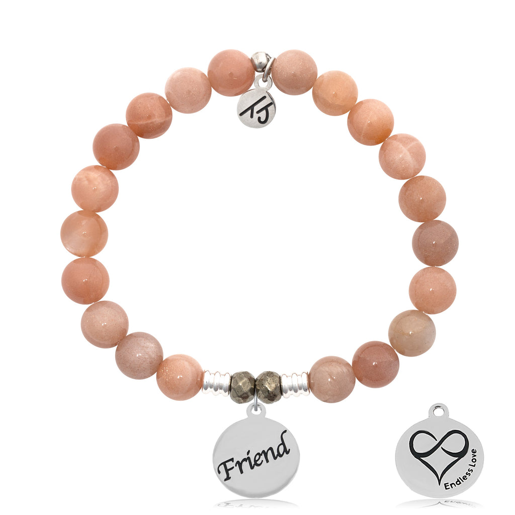 Peach Moonstone Stone Bracelet with Friend Sterling Silver Charm