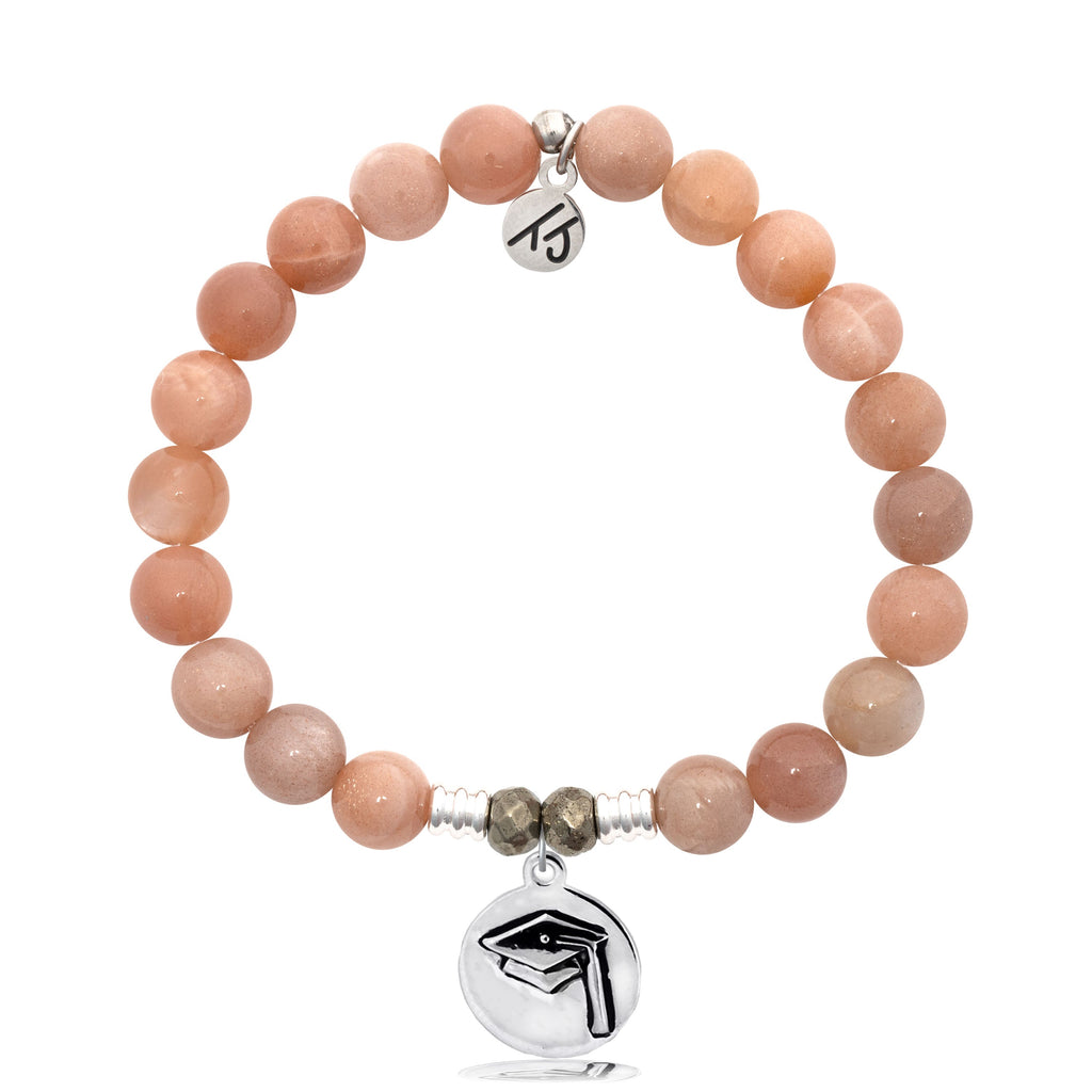 Peach Moonstone Stone Bracelet with Grad Cap Sterling Silver Charm