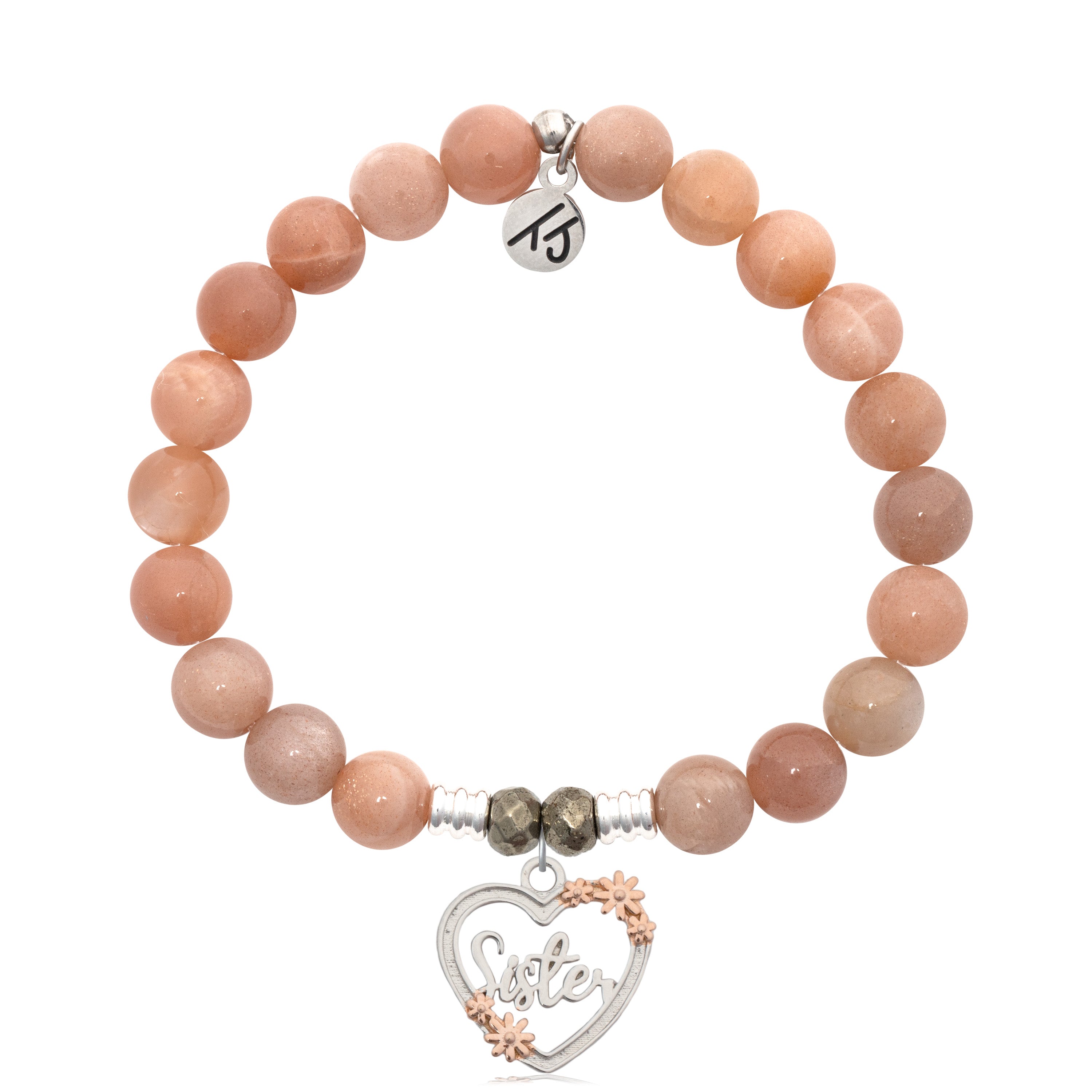 Peach Moonstone Stone Bracelet with Heart Sister Sterling Silver Charm