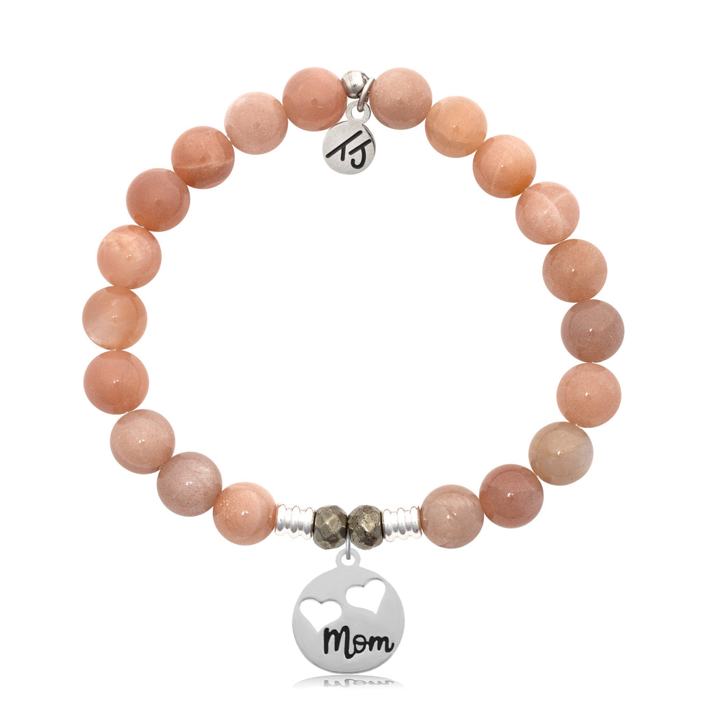 Peach Moonstone Stone Bracelet with Mom Hearts Sterling Silver Charm