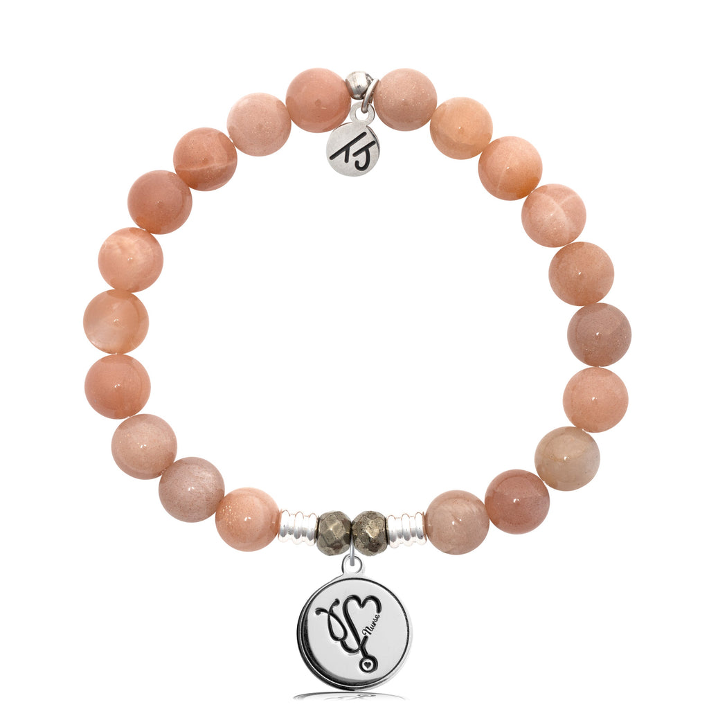 Peach Moonstone Stone Bracelet with Nurse Sterling Silver Charm