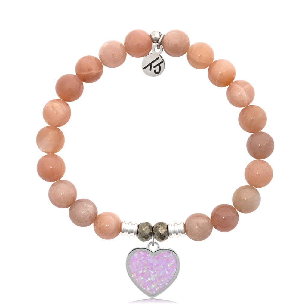 Peach Moonstone Stone Bracelet with Pink Opal Heart Sterling Silver Charm
