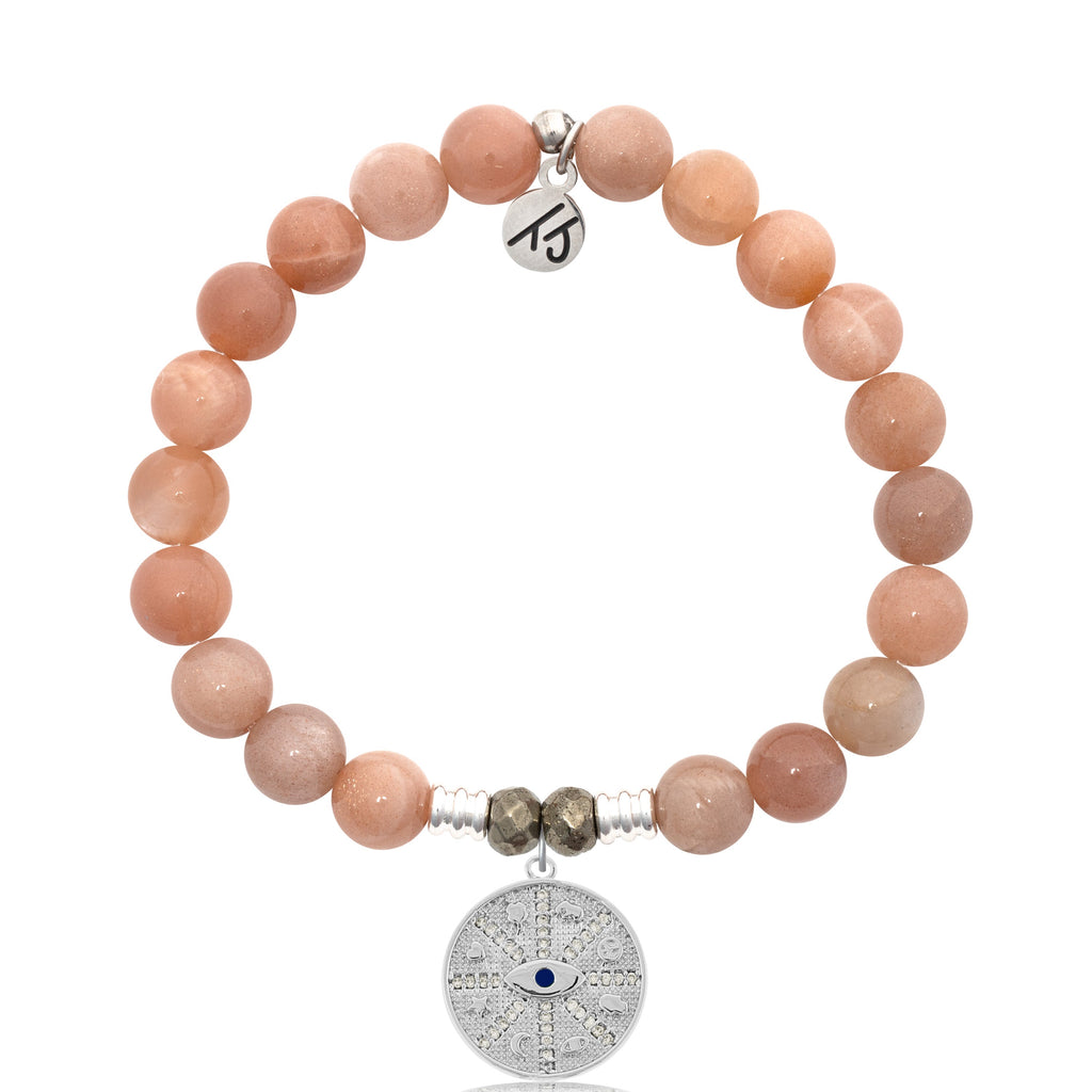 Peach Moonstone Stone Bracelet with Protection Sterling Silver Charm