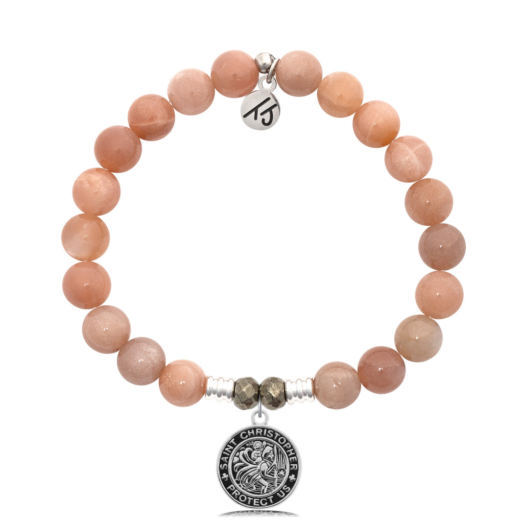 Peach Moonstone Stone Bracelet with Saint Christopher Sterling Silver Charm