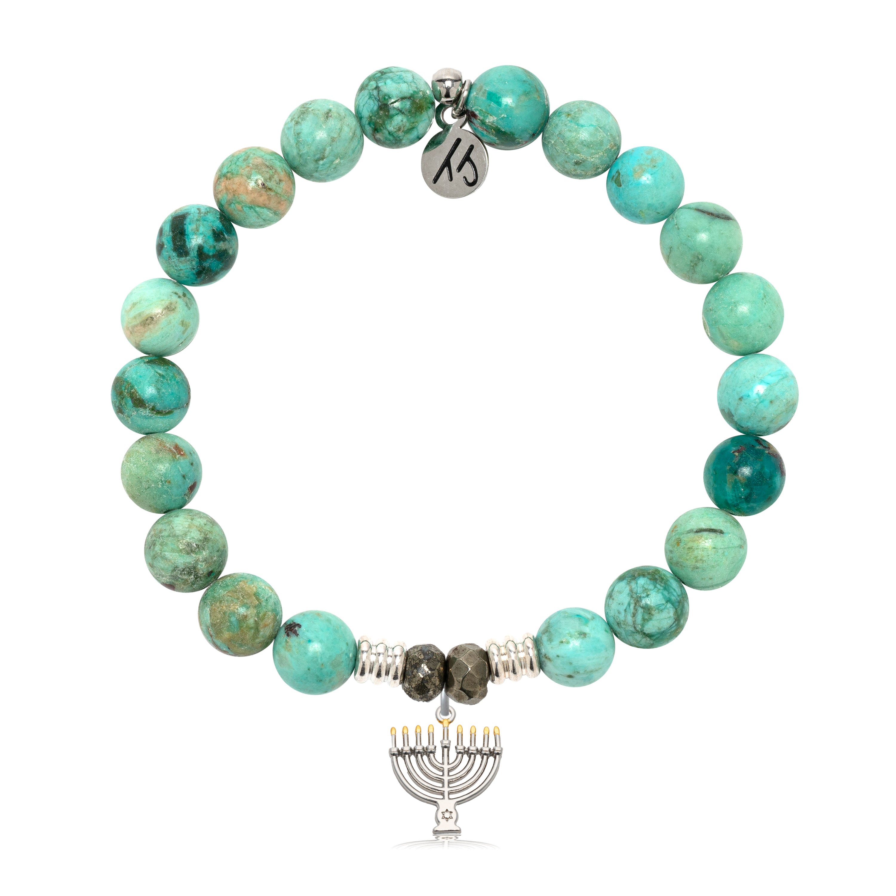 Peruvian Turquoise Gemstone Bracelet with Menorah Sterling Silver Charm