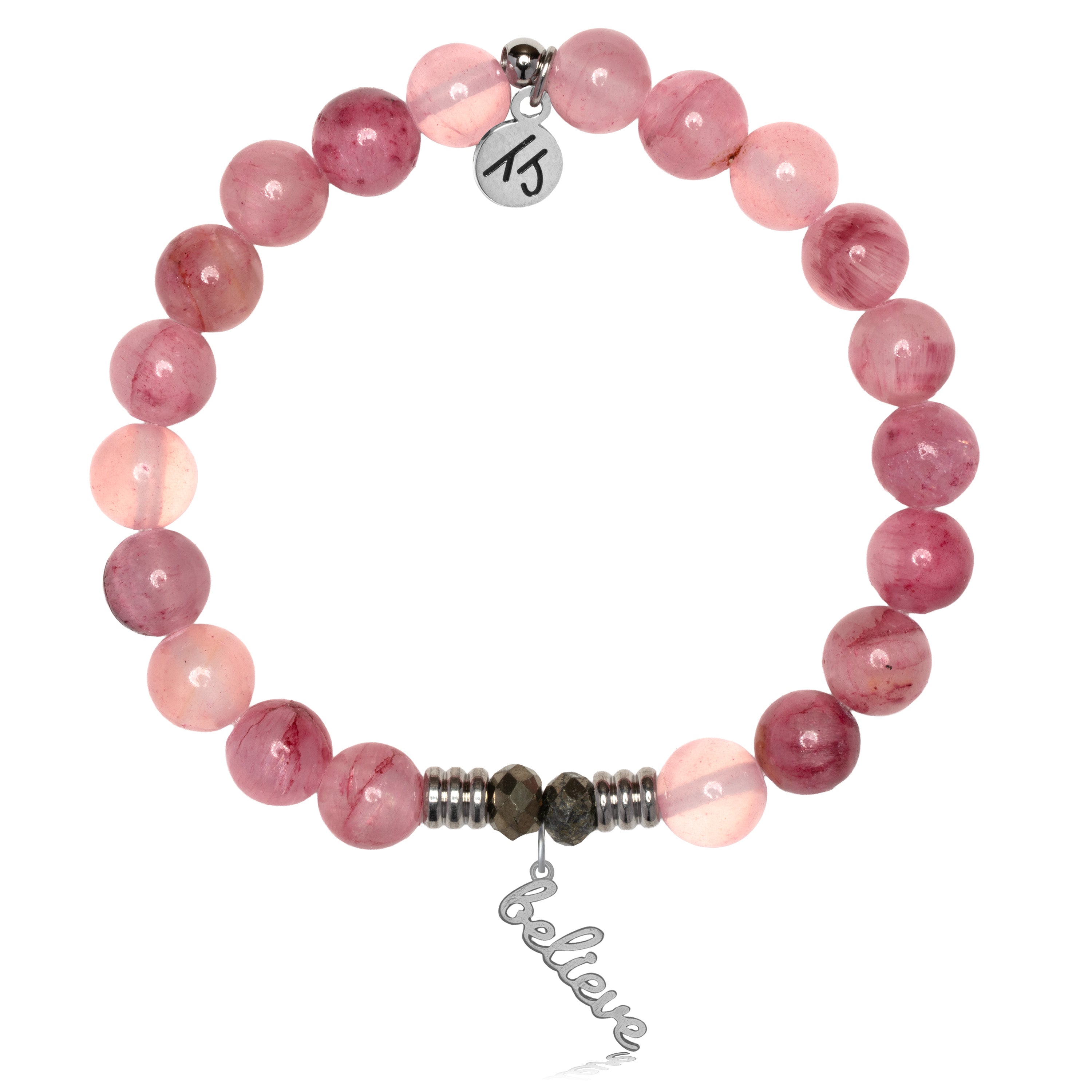 Pink Chalcedony Gemstone Bracelet with Believe Sterling Silver Charm