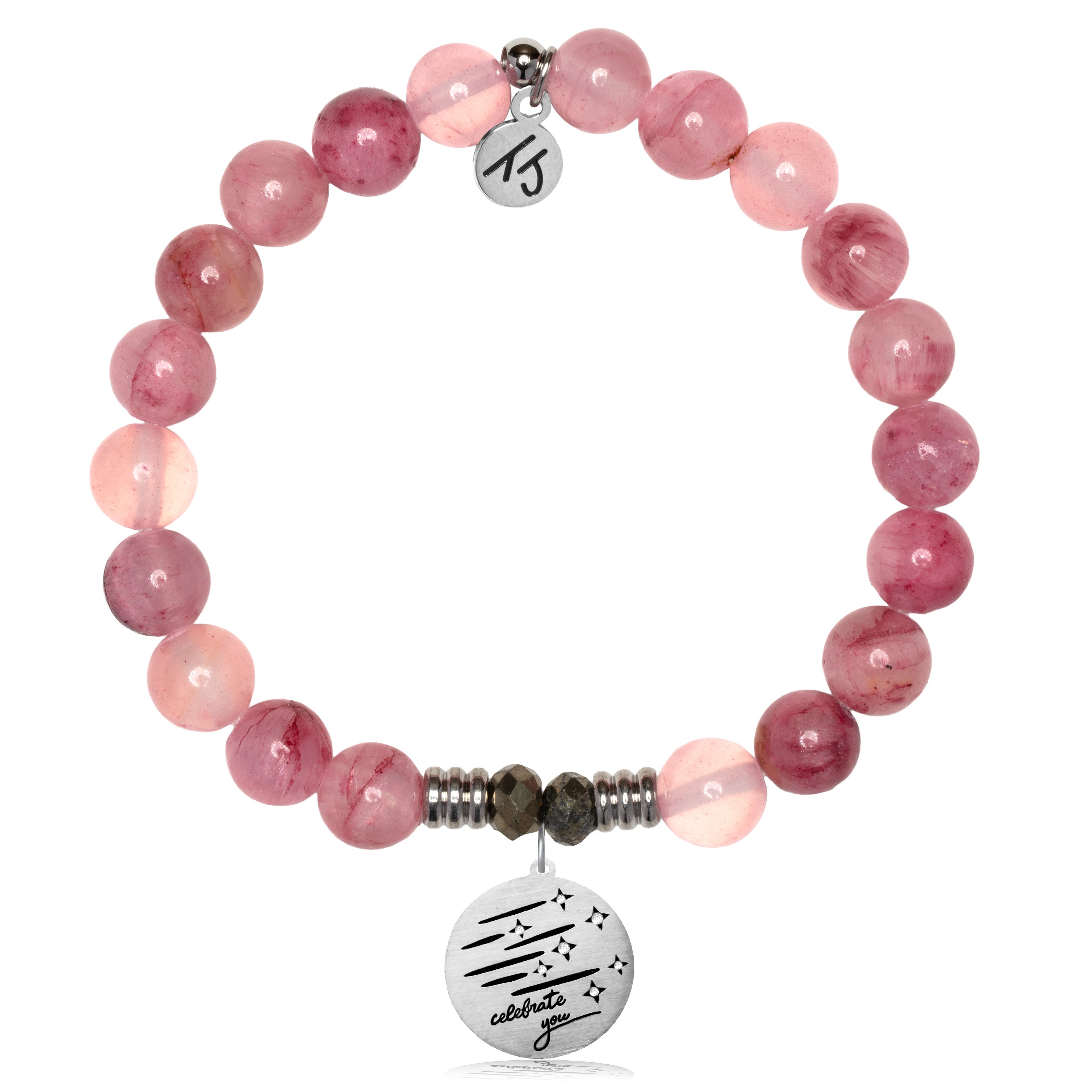 Pink Chalcedony Gemstone Bracelet with Birthday Wishes Sterling Silver Charm
