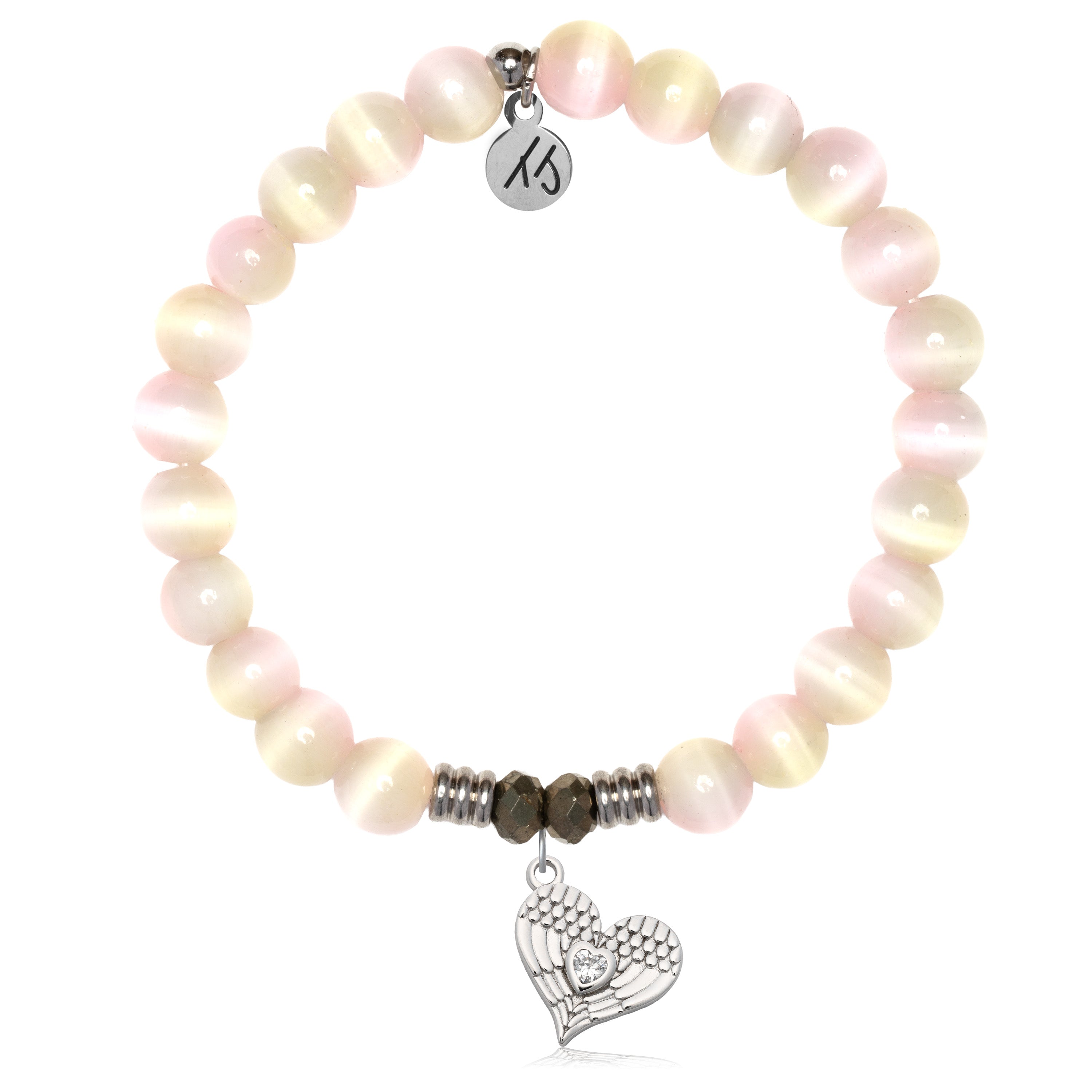 Pink Champagne Cats Eye Gemstone Bracelet with Angel Love Sterling Silver Charm