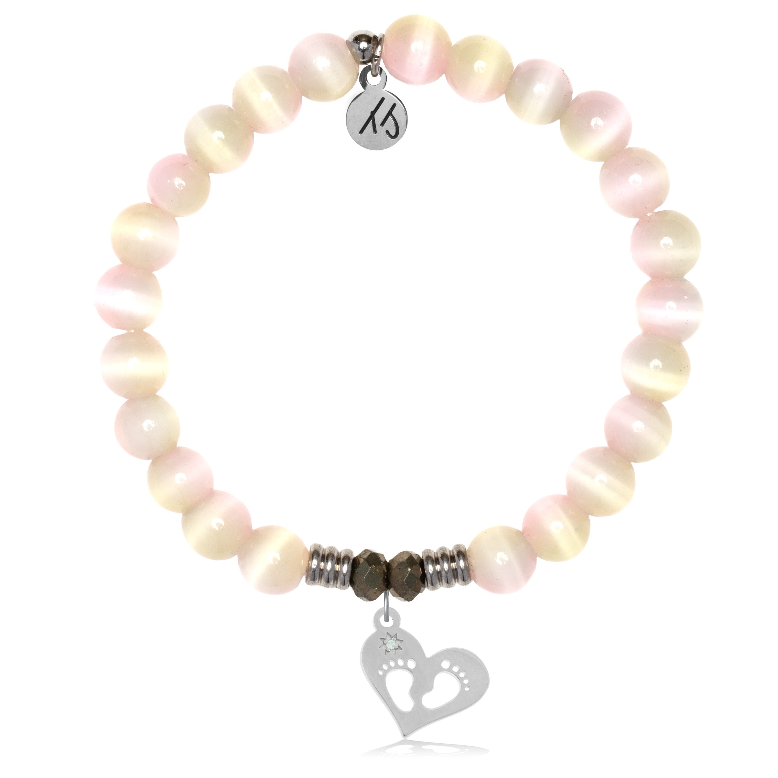 Pink Champagne Cats Eye Gemstone Bracelet with Baby Feet Sterling Silver Charm