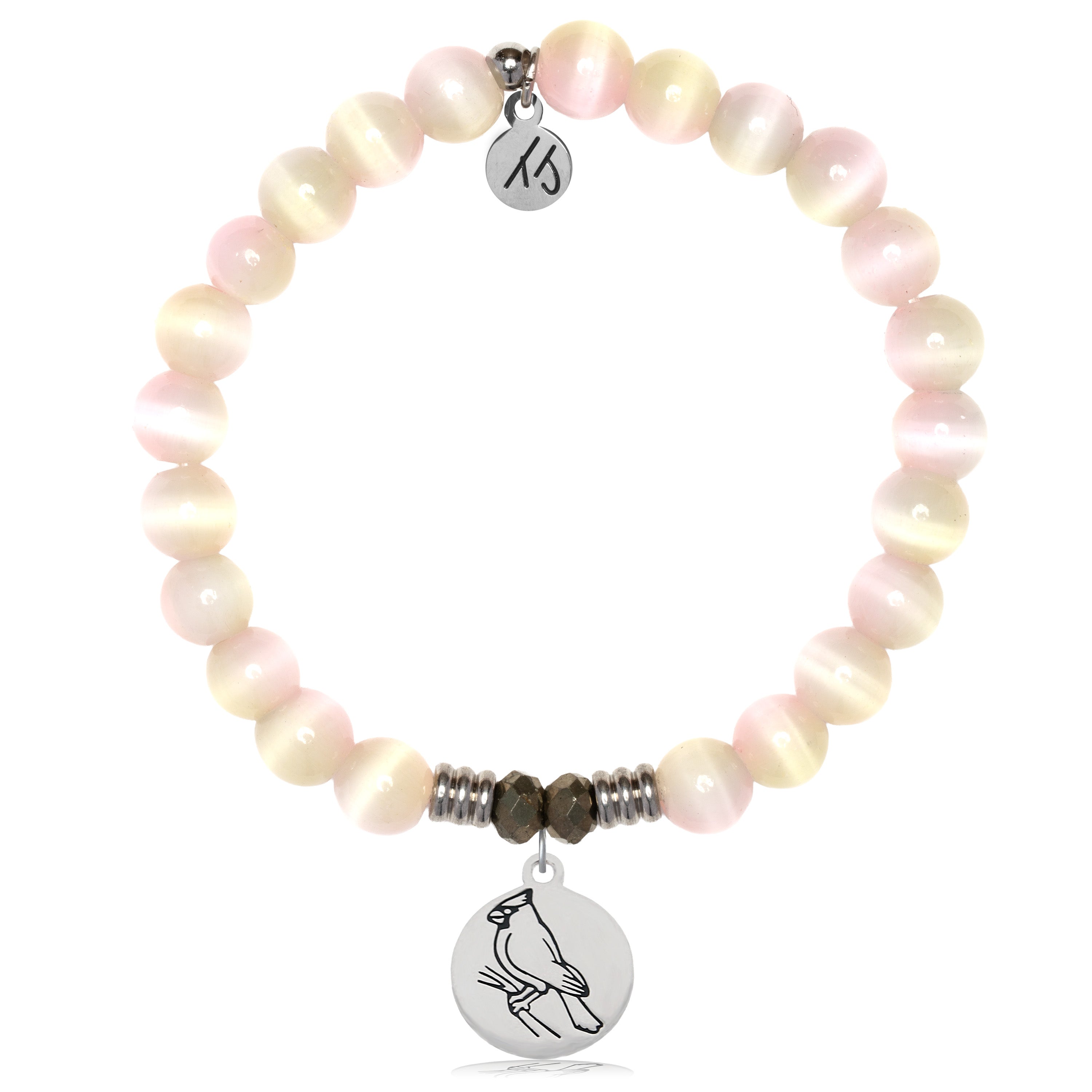 Pink Champagne Cats Eye Gemstone Bracelet with Cardinal Sterling Silver Charm