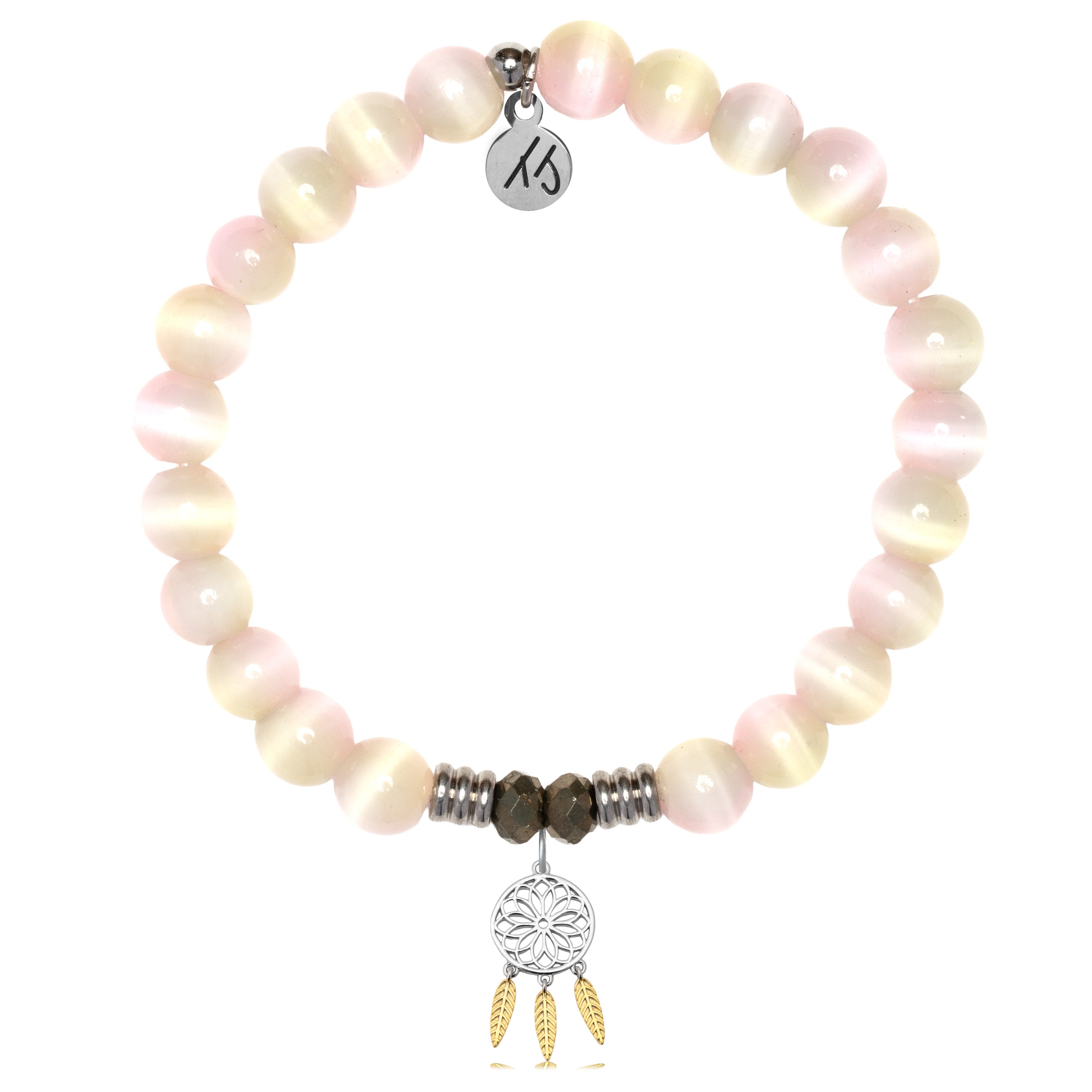 Pink Champagne Cats Eye Gemstone Bracelet with Dream Catcher Sterling Silver Charm