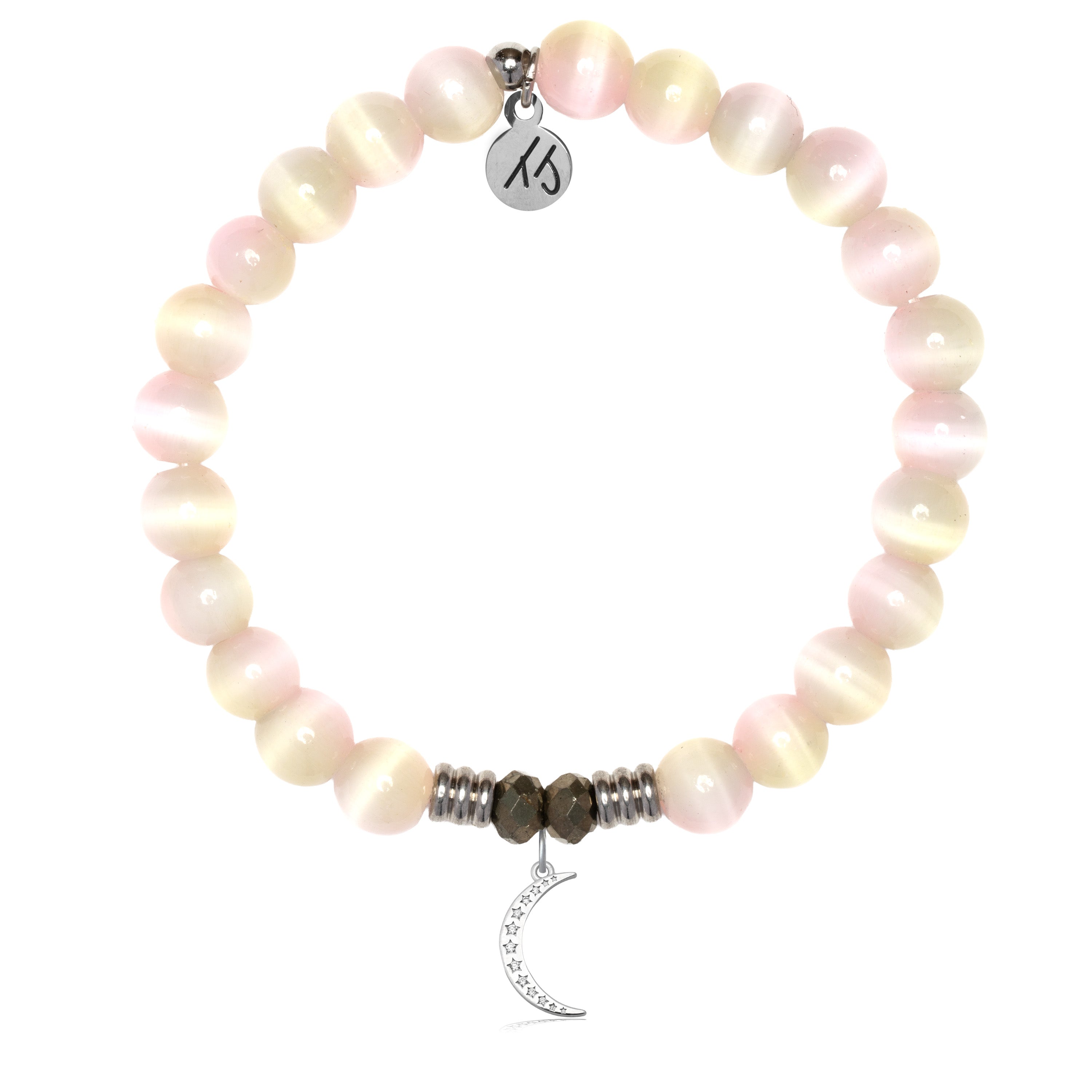 Pink Champagne Cats Eye Gemstone Bracelet with Friendship Moon Sterling Silver Charm