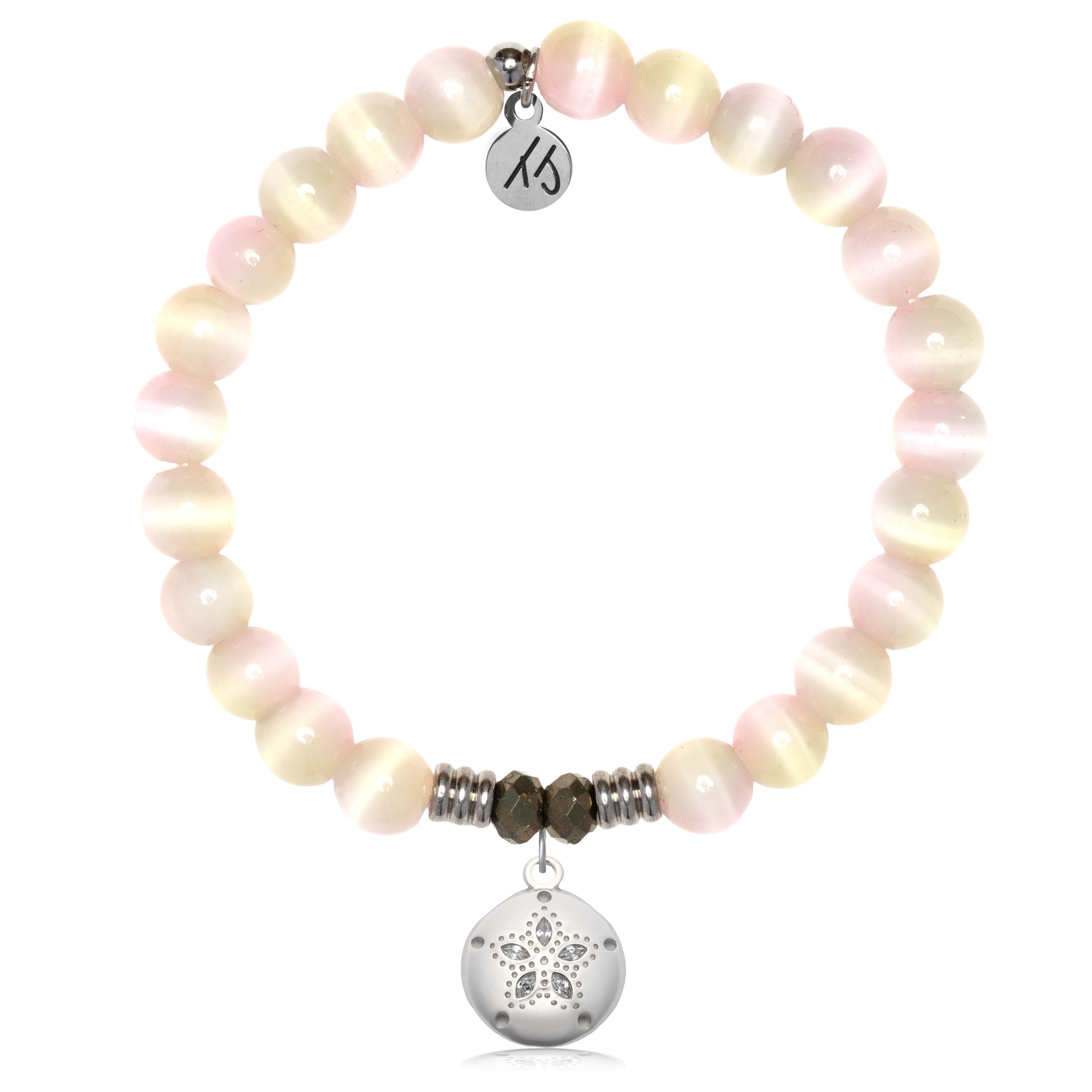 Pink Champagne Cats Eye Gemstone Bracelet with Sand Dollar CZ Sterling Silver Charm
