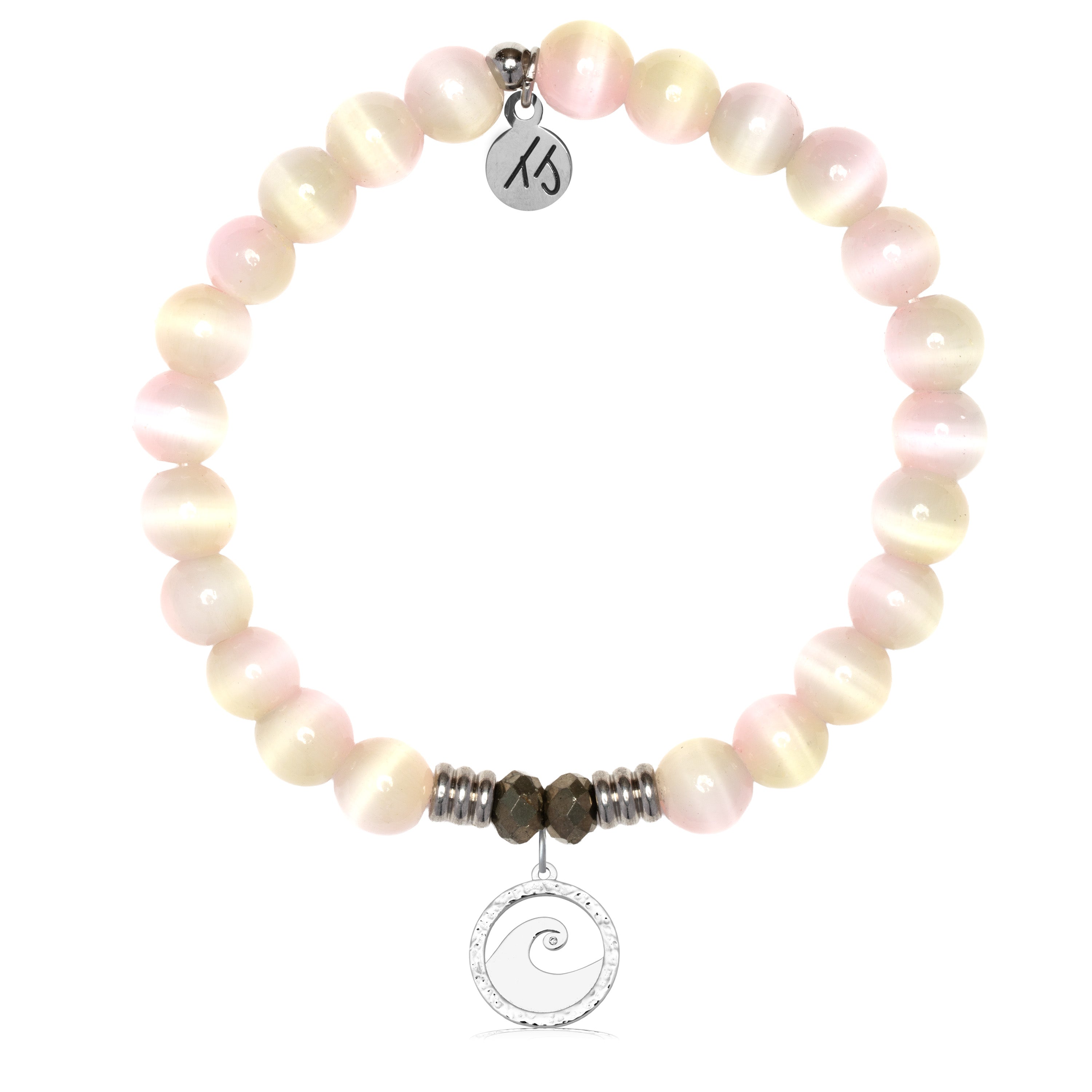 Pink Champagne Cats Eye Gemstone Bracelet with Waves of Strength Sterling Silver Charm
