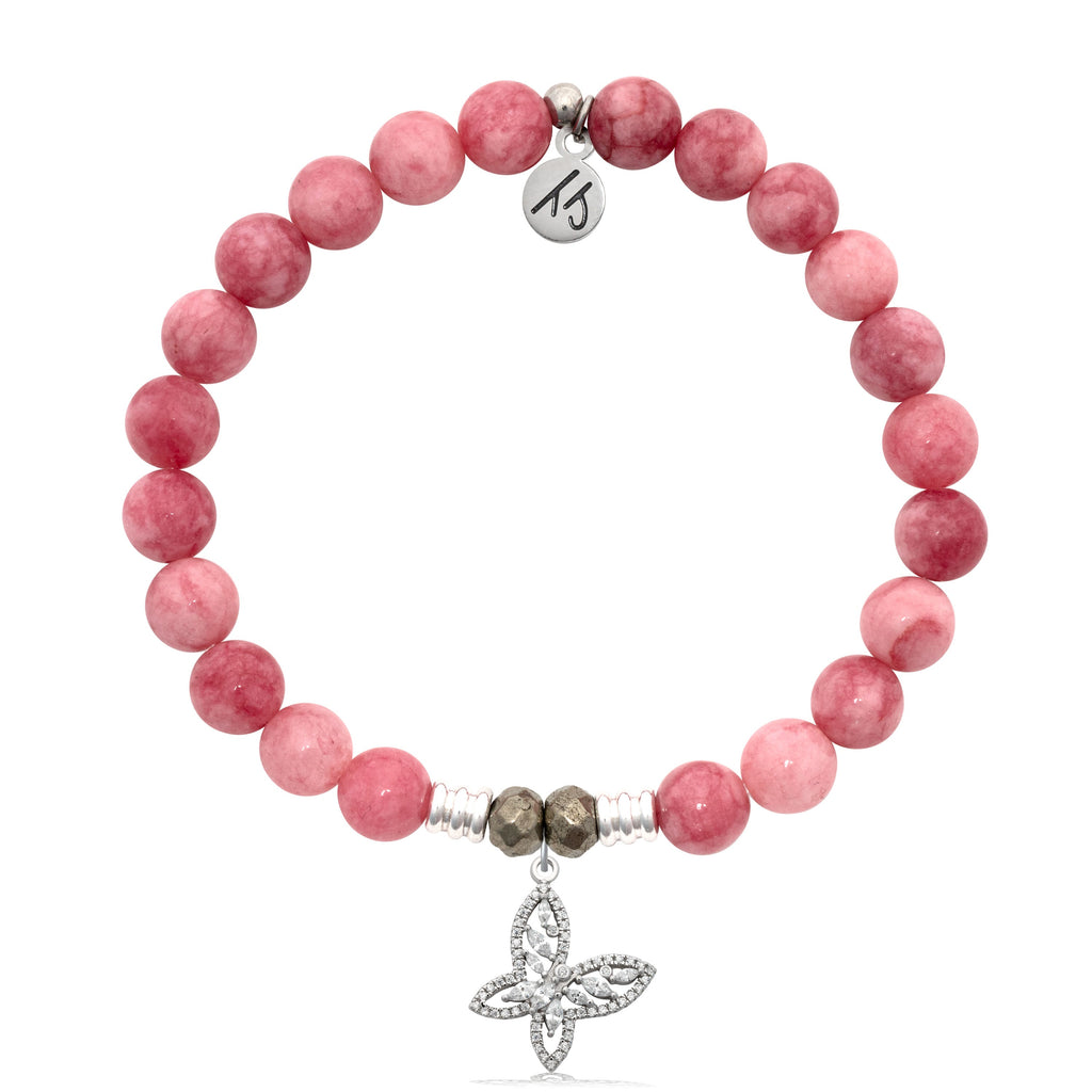 Pink Jade Gemstone Bracelet with Butterfly CZ Sterling Silver Charm