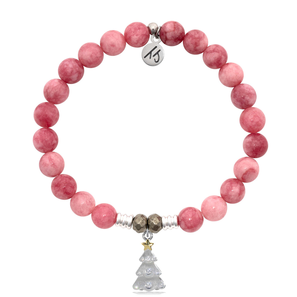 Pink Jade Gemstone Bracelet with Christmas Tree Sterling Silver Charm
