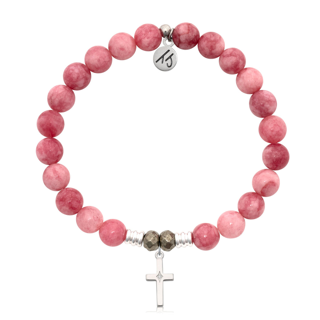 Pink Jade Gemstone Bracelet with Cross CZ Sterling Silver Charm