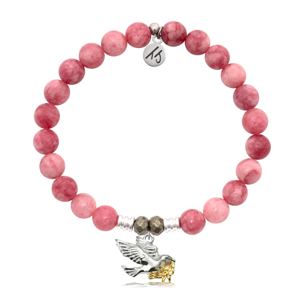 Pink Jade Gemstone Bracelet with Dove Sterling Silver Charm