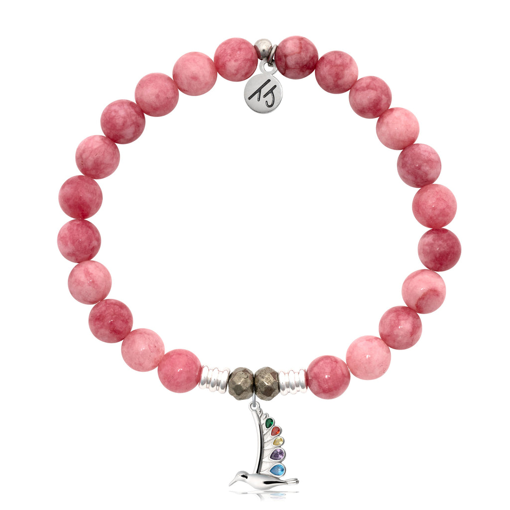 Pink Jade Gemstone Bracelet with Hummingbird Sterling Silver Charm