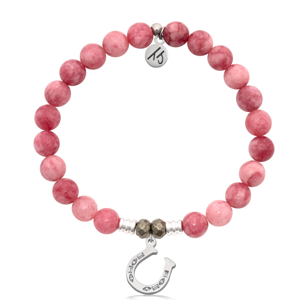 Pink Jade Gemstone Bracelet with Lucky Horseshoe Sterling Silver Charm