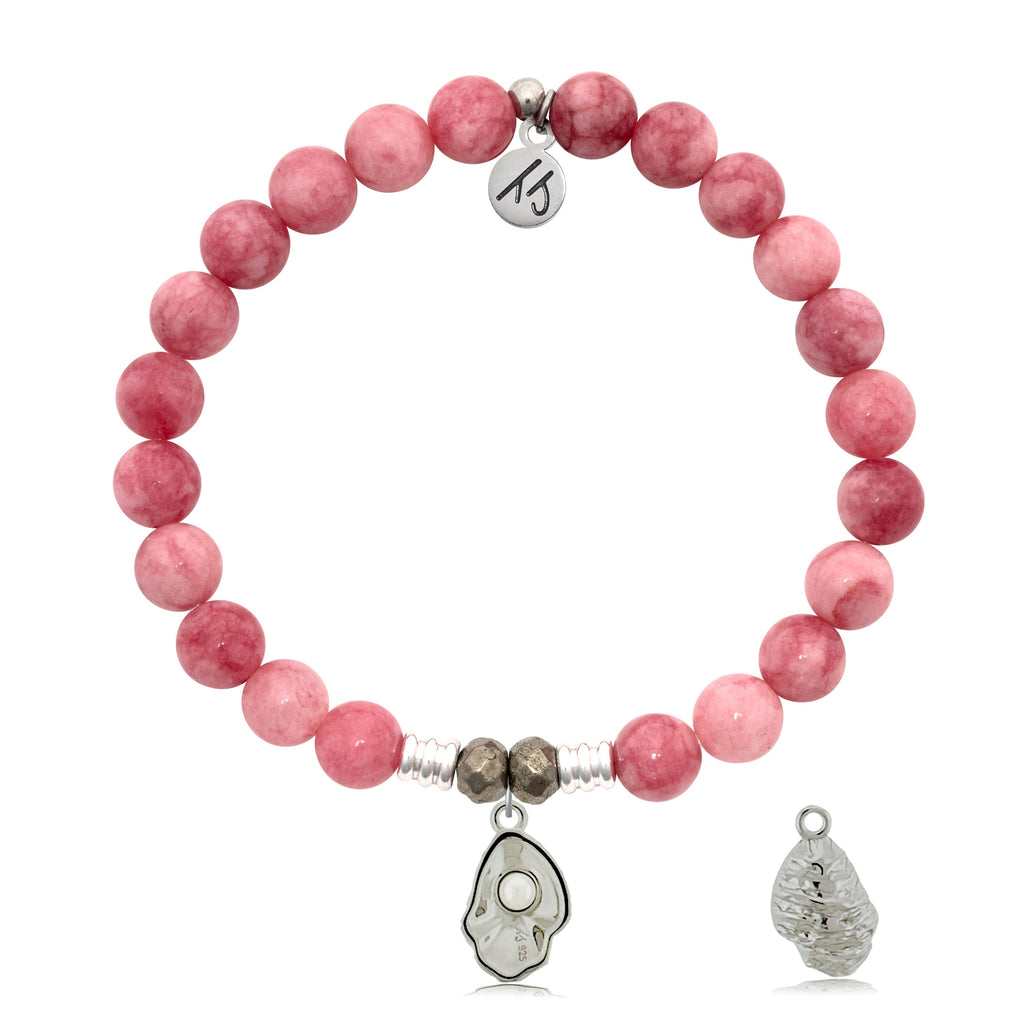 Pink Jade Gemstone Bracelet with Oyster Sterling Silver Charm