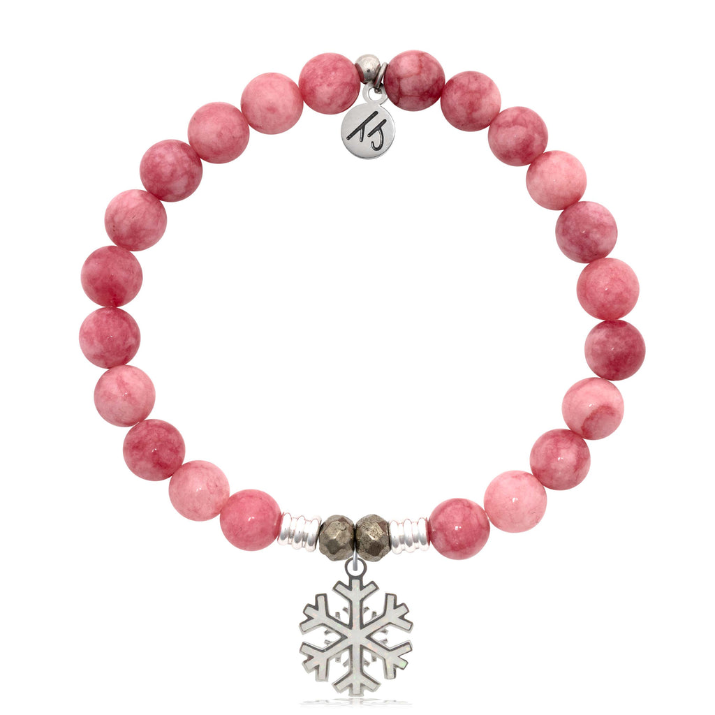 Pink Jade Gemstone Bracelet with Snowflake Opal Sterling Silver Charm