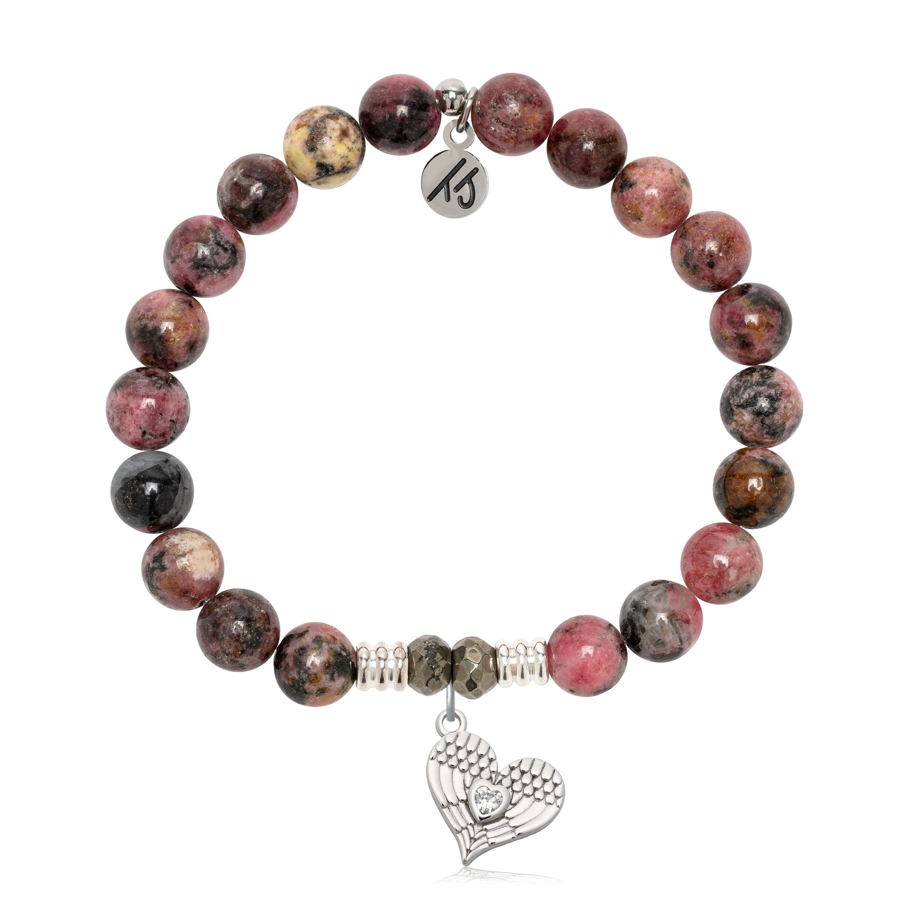 Pink Rhodonite Gemstone Bracelet with Angel Love Sterling Silver Charm