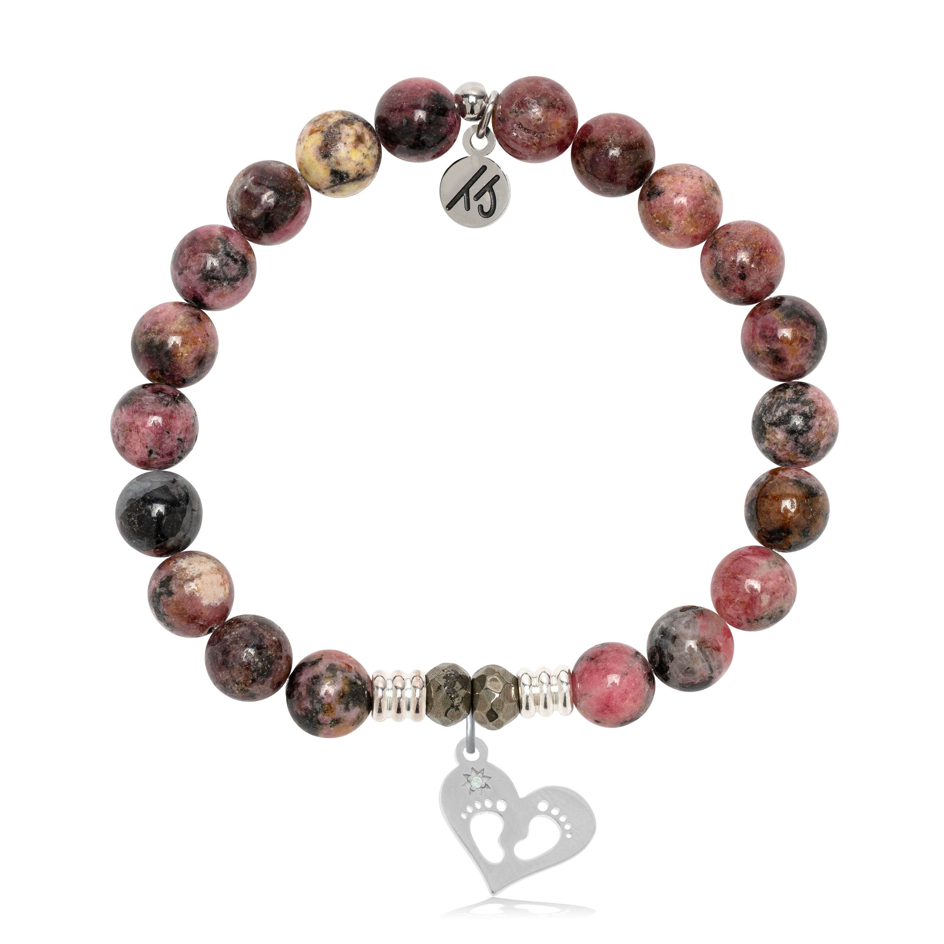 Pink Rhodonite Gemstone Bracelet with Baby Feet Sterling Silver Charm