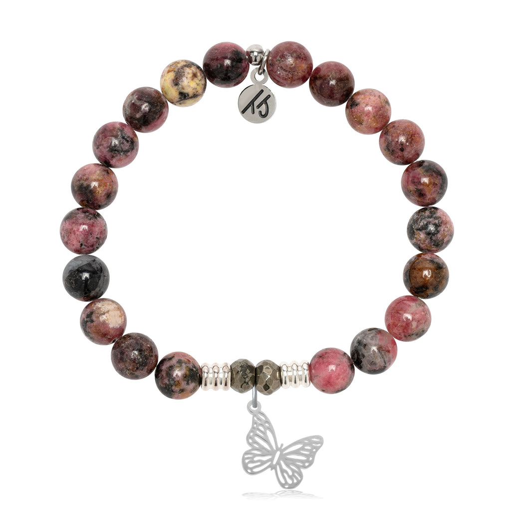 Pink Rhodonite Gemstone Bracelet with Butterfly Sterling Silver Charm