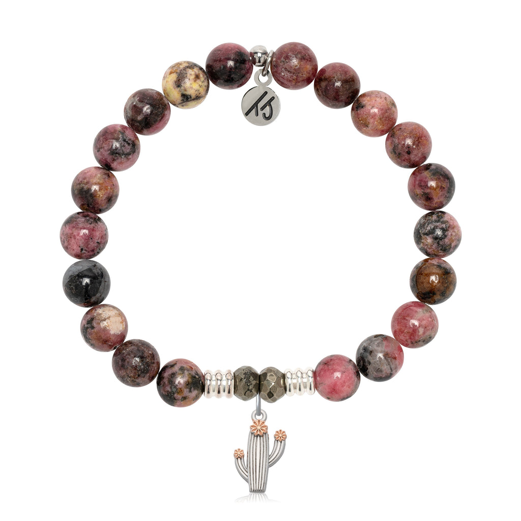 Pink Rhodonite Gemstone Bracelet with Cactus Cutout Sterling Silver Charm