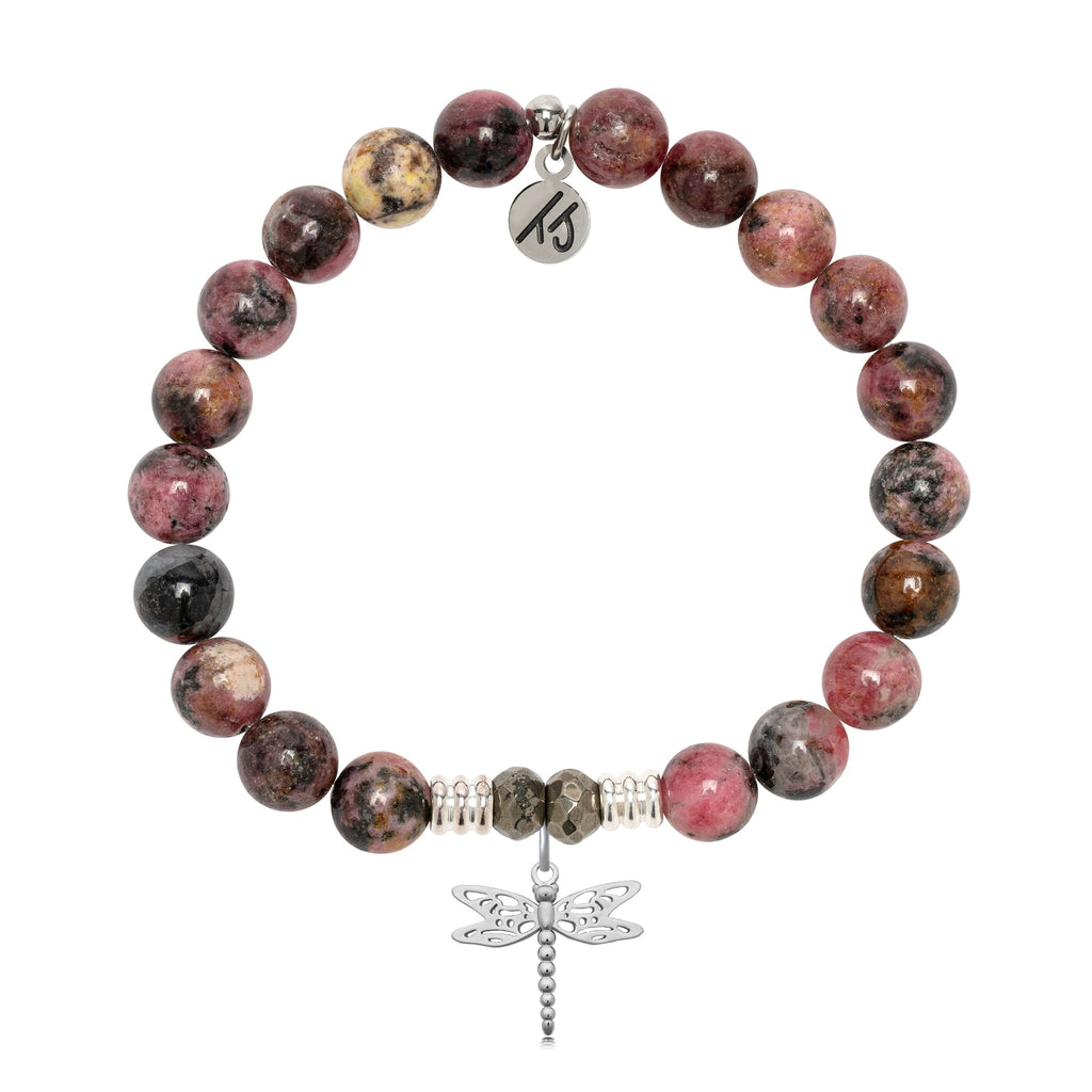 Pink Rhodonite Gemstone Bracelet with Dragonfly Sterling Silver Charm