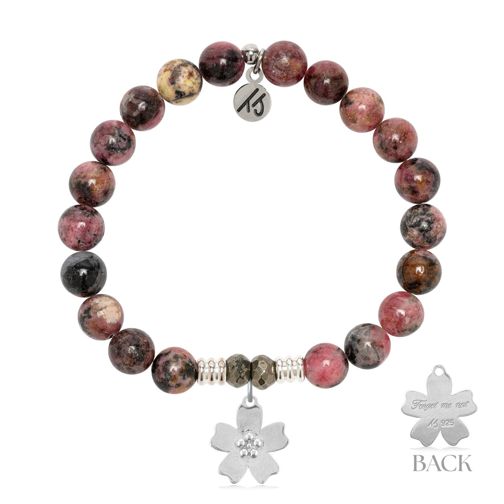 Pink Rhodonite Gemstone Bracelet with Forget Me Not Sterling Silver Charm